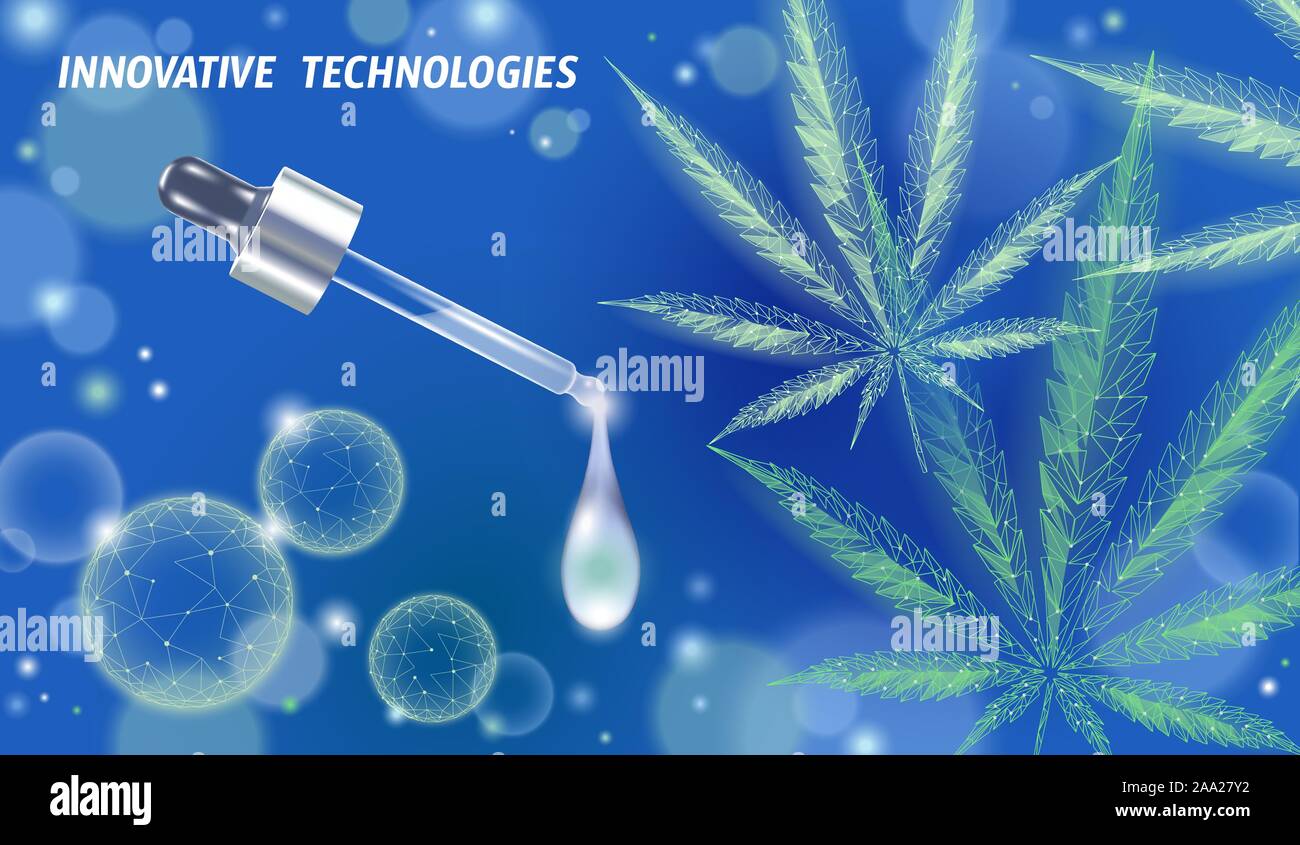 Bassa poli 3D per la marijuana medica foglia di olio. Legalizzare medical dolore concetto di trattamento. Cannabis medicina di erbaccia bottiglia di vetro simbolo. Trasparente di pipetta Illustrazione Vettoriale