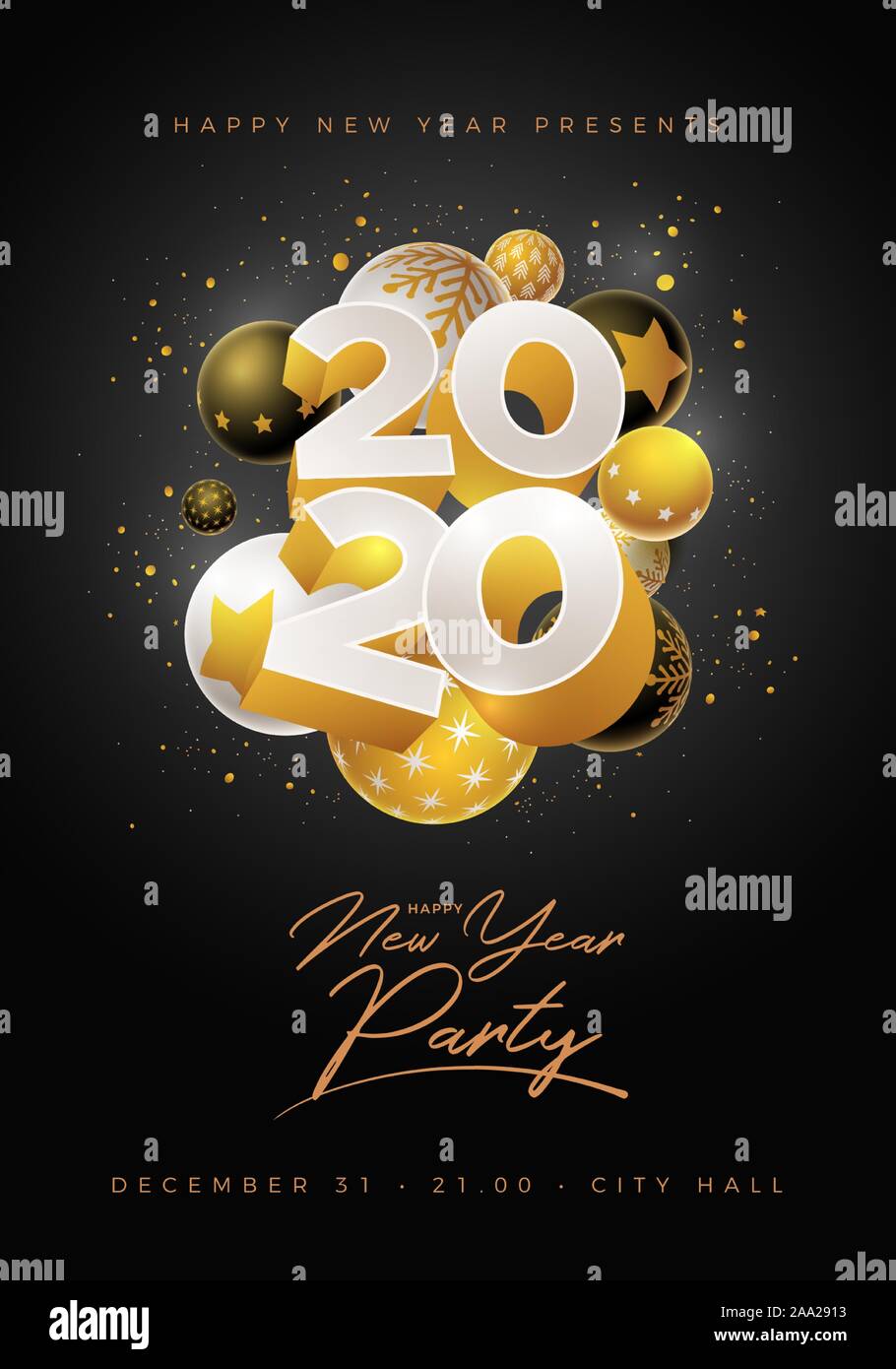 Abstract 2020 Anno nuovo partito design poster con 3d bianco, nero e oro palle di Natale. Gli elementi sono stratificati separatamente in file vettoriale. Illustrazione Vettoriale
