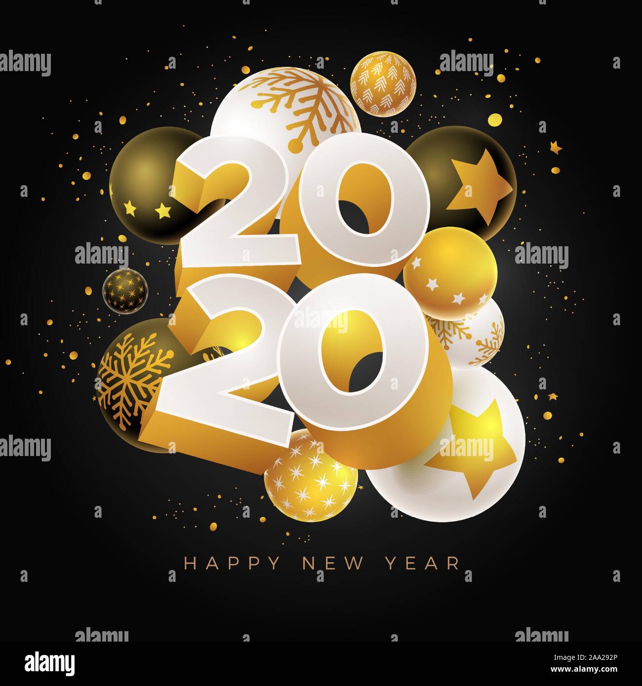 Abstract 2020 Anno nuovo bigliettino con design 3D bianco, nero e oro palle di Natale. Gli elementi sono stratificati separatamente in file vettoriale. Illustrazione Vettoriale