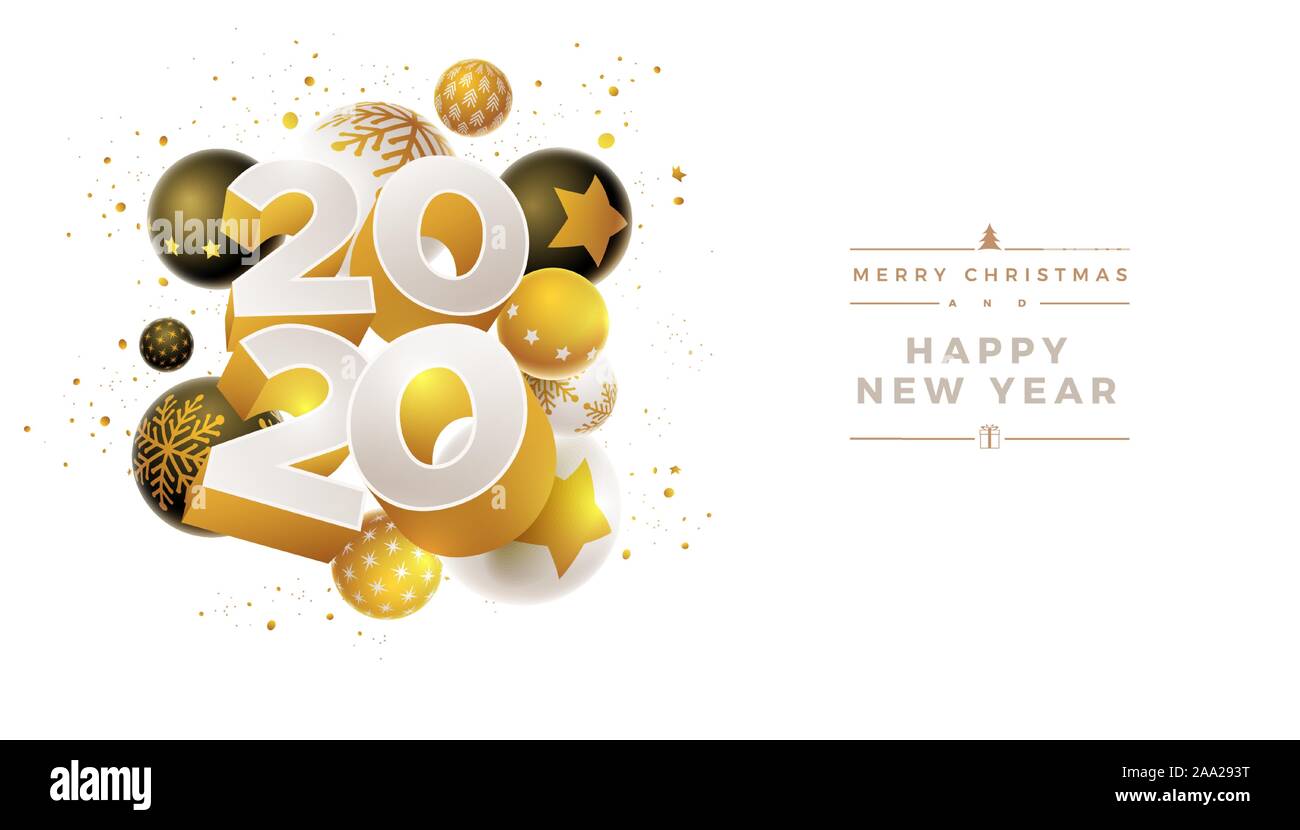 Abstract 2020 Anno nuovo bigliettino con design 3D bianco, nero e oro palle di Natale. Gli elementi sono stratificati separatamente in file vettoriale. Illustrazione Vettoriale