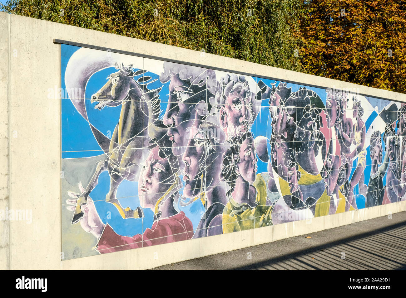 Il lato destro di Hans Erni di affresco sulla parete perimetrale del Palazzo delle Nazioni Unite a Ginevra, Svizzera Foto Stock