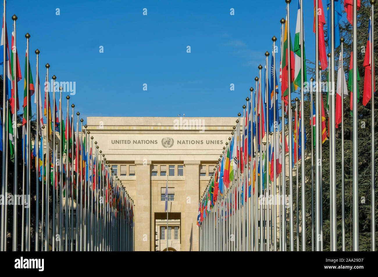 Ginevra, Svizzera - Il Palazzo delle Nazioni è la casa dell'Ufficio delle Nazioni Unite Foto Stock