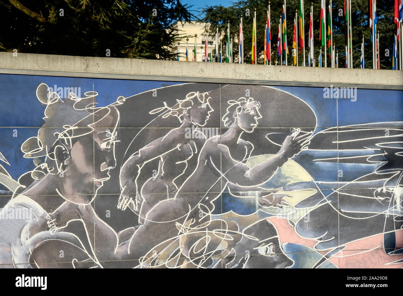 Il lato destro di Hans Erni di affresco sulla parete perimetrale del Palazzo delle Nazioni Unite a Ginevra, Svizzera Foto Stock