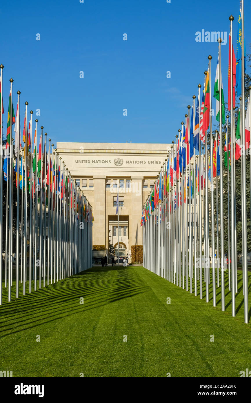 Ginevra, Svizzera - Il Palazzo delle Nazioni è la casa dell'Ufficio delle Nazioni Unite Foto Stock