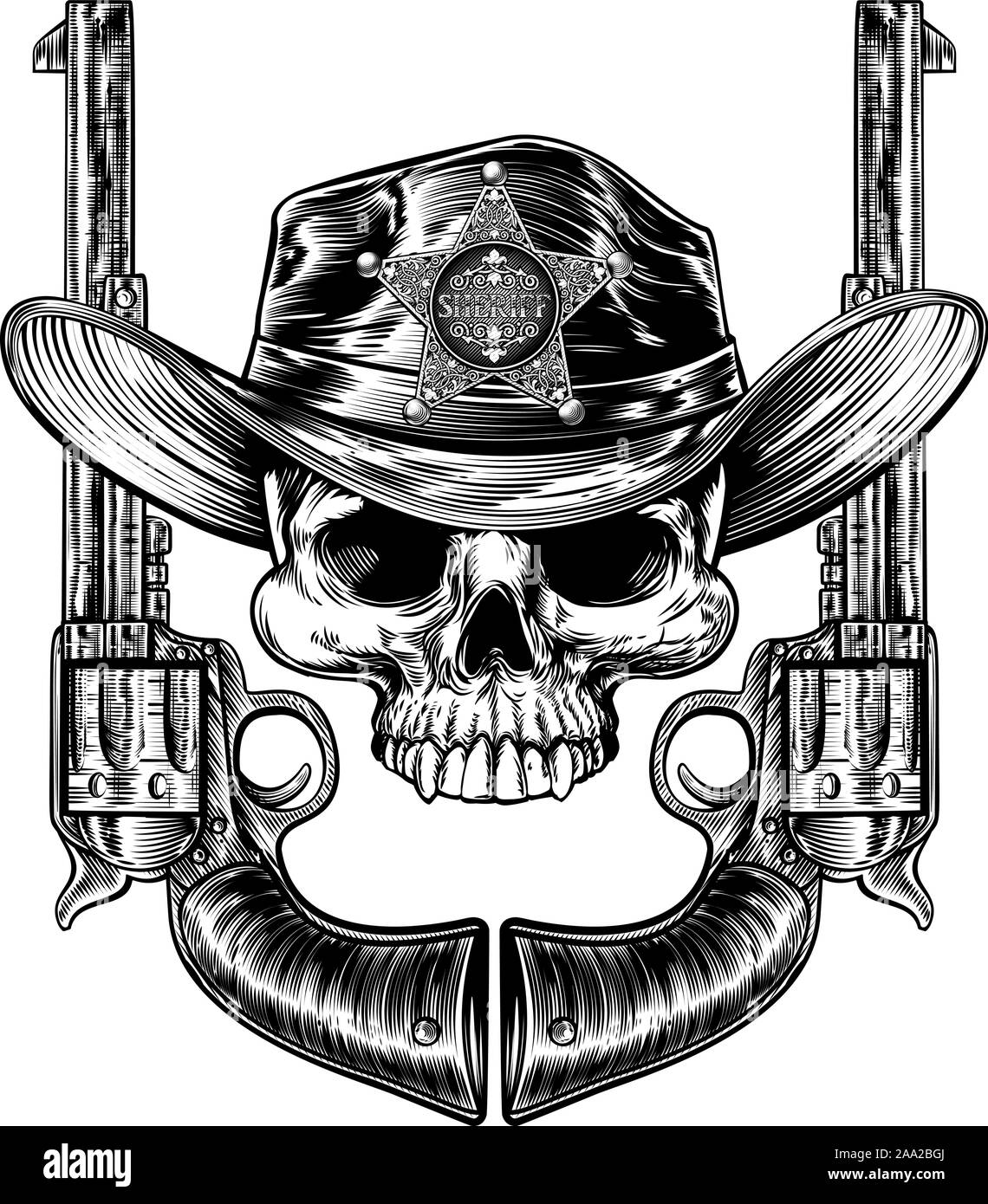Cranio nel cappello da cowboy con Sheriff Star e pistole Illustrazione Vettoriale