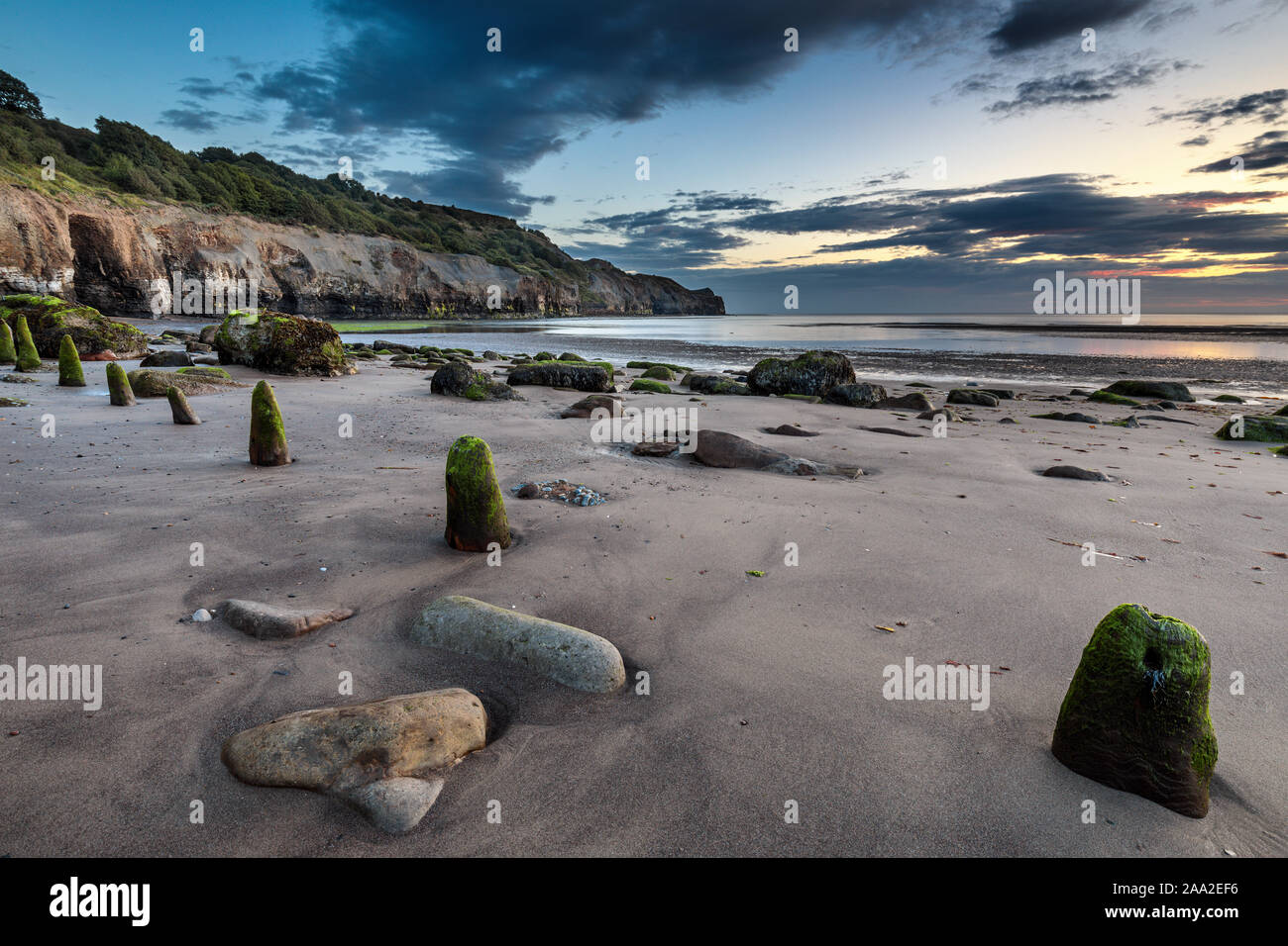La mattina presto vista, con resti di pennelli, sulla spiaggia presso il villaggio sul mare di Sandsend, vicino a Whitby North Yorkshire England Regno Unito Foto Stock