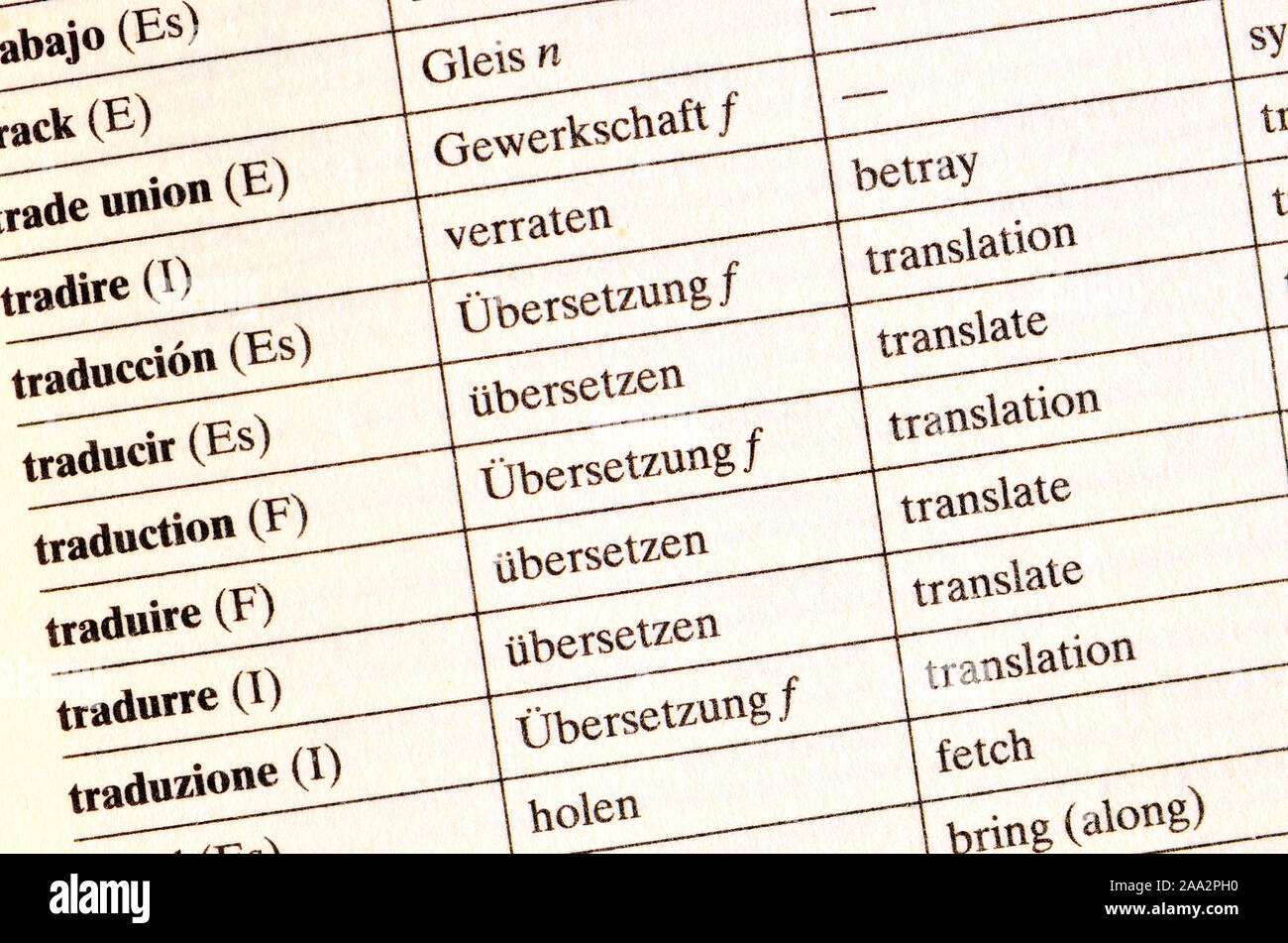 Pagina da un cinque dizionario della lingua e una voce per "traduzione" Foto Stock