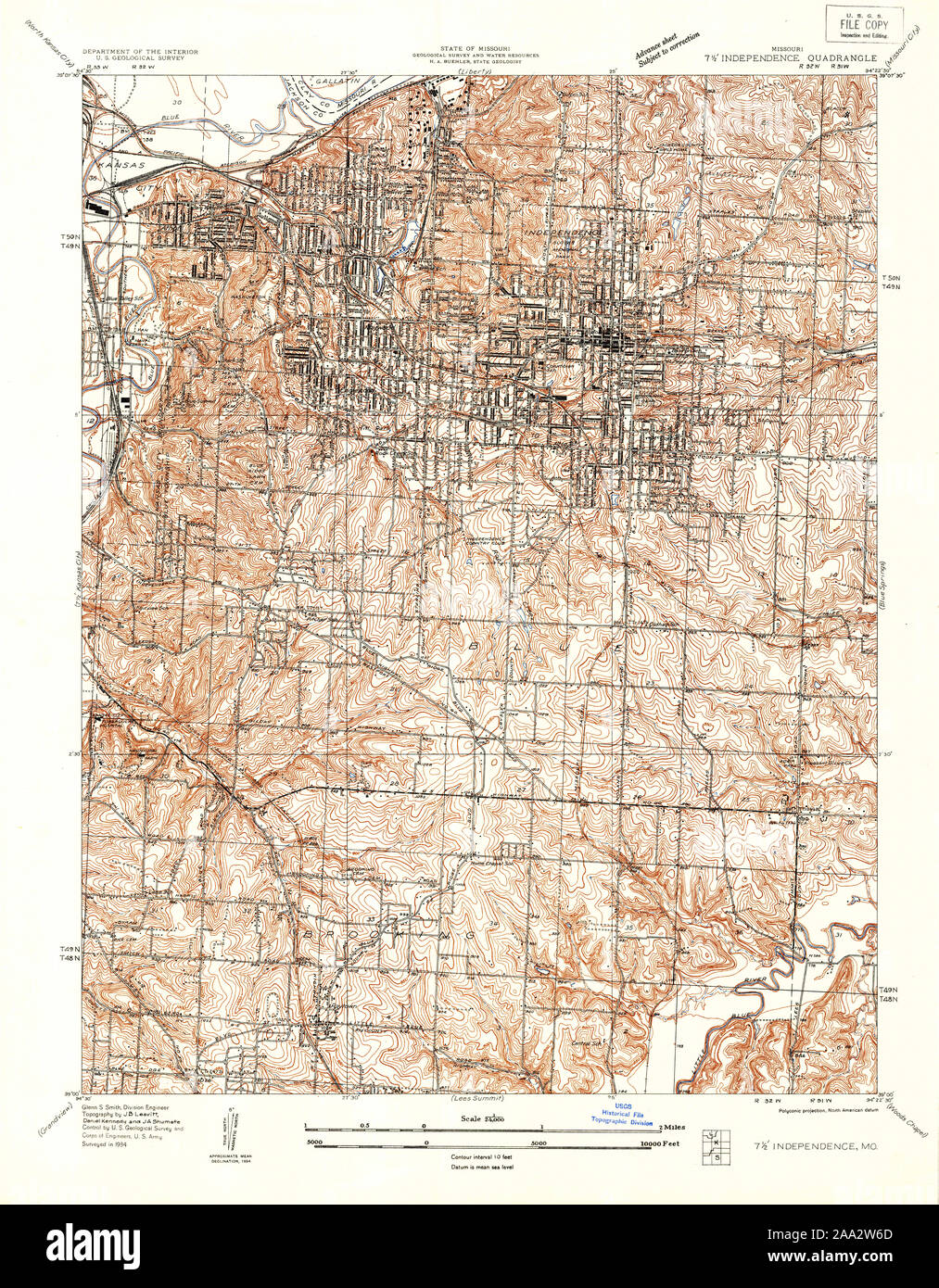 USGS TOPO Map Missouri MO indipendenza 323027 1934 24000 Restauro Foto Stock