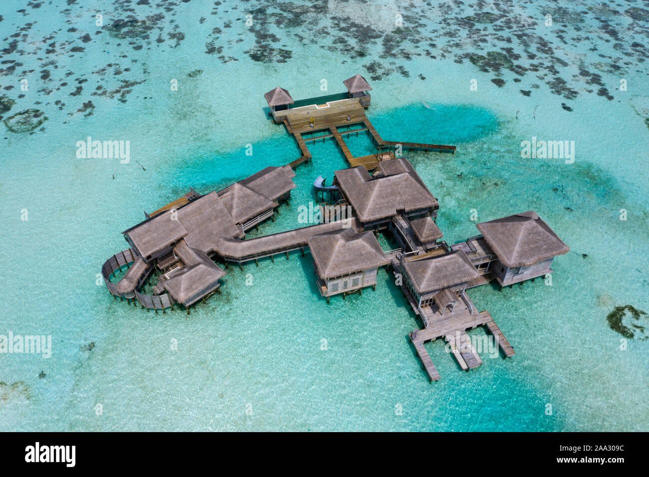 Vista aerea di vacanza isola Lankanfushi, North Male Atoll, Oceano Indiano, Maldive Foto Stock