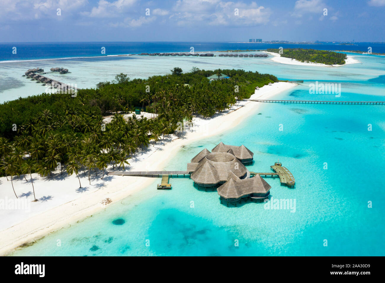 Vista aerea di vacanza isola Lankanfushi, North Male Atoll, Oceano Indiano, Maldive Foto Stock