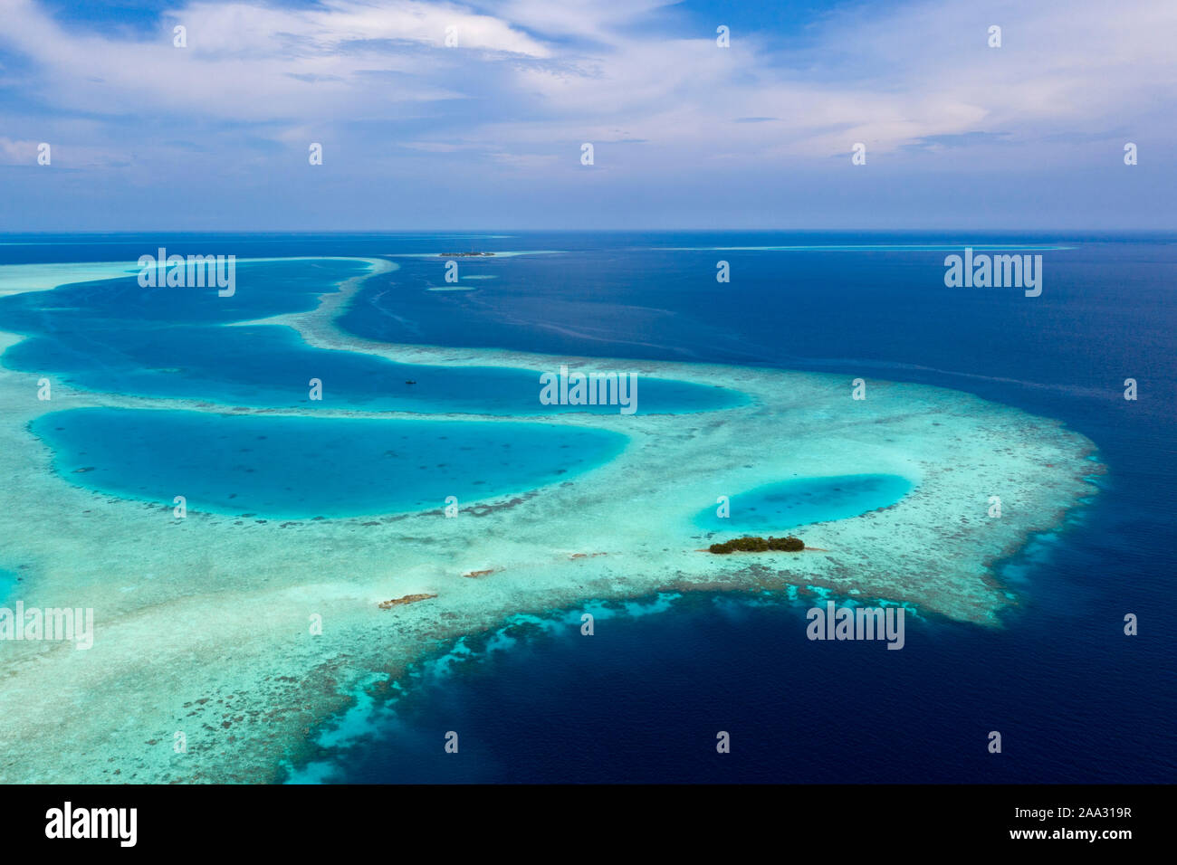 Isola disabitata vicino Bodumohora, Felidhu Atoll, Oceano Indiano, Maldive Foto Stock