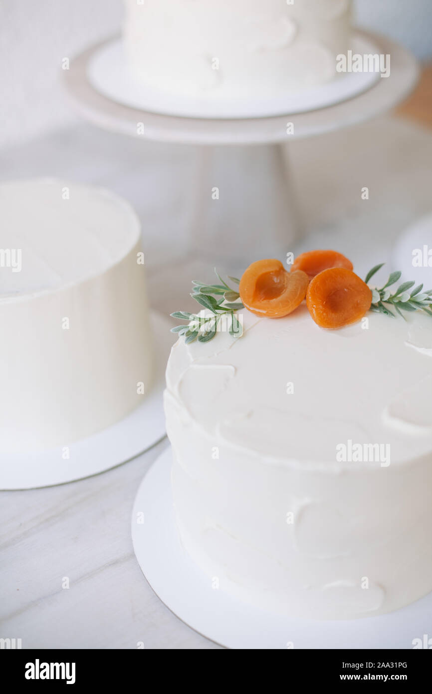 Close-up di una torta con crema di burro glassa e decorazione di pesche Foto Stock