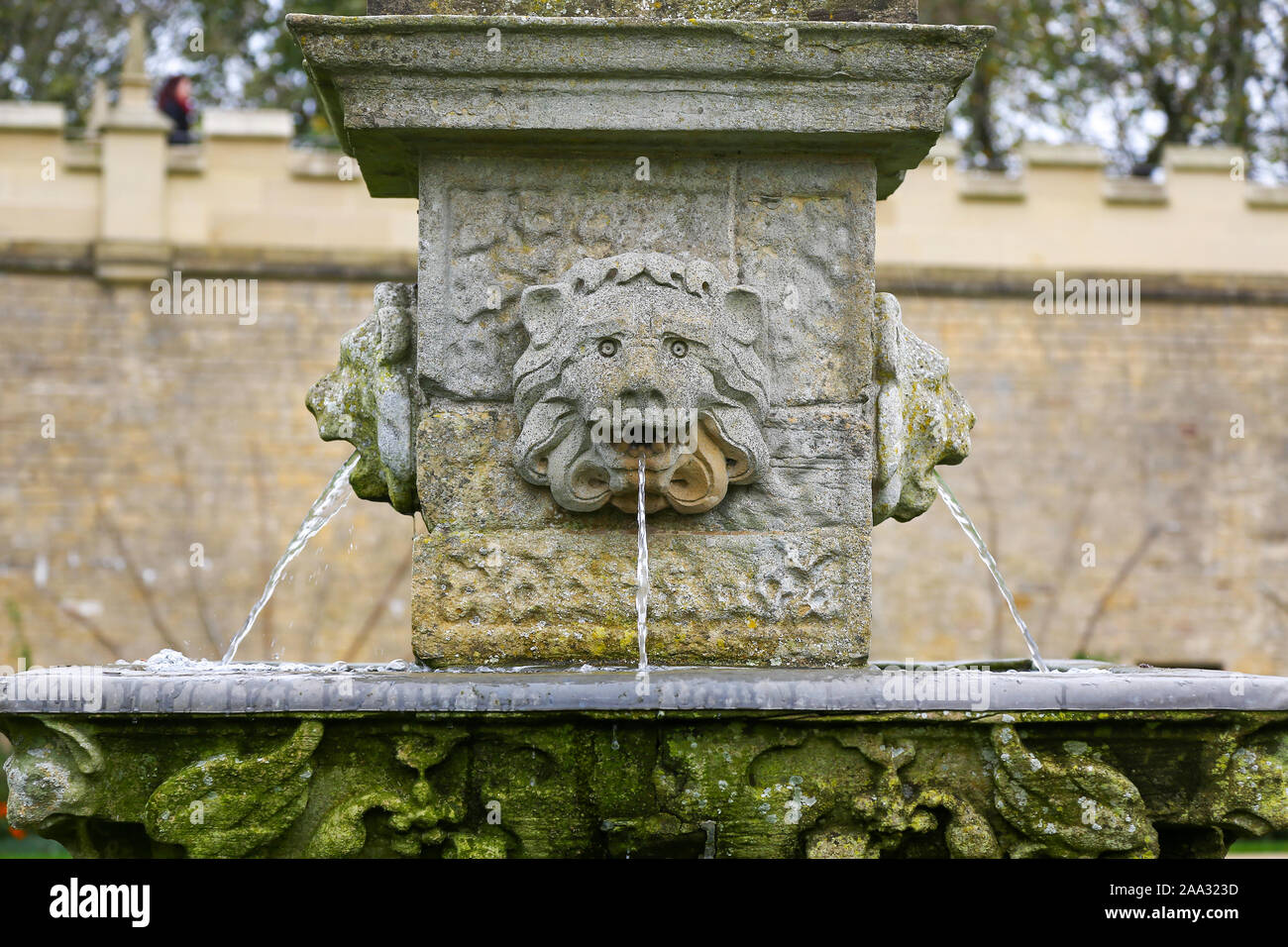 Dettaglio della pietra il lavoro sulla fontana nel giardino fontana, Bolsover Castle, Derbyshire, England, Regno Unito Foto Stock