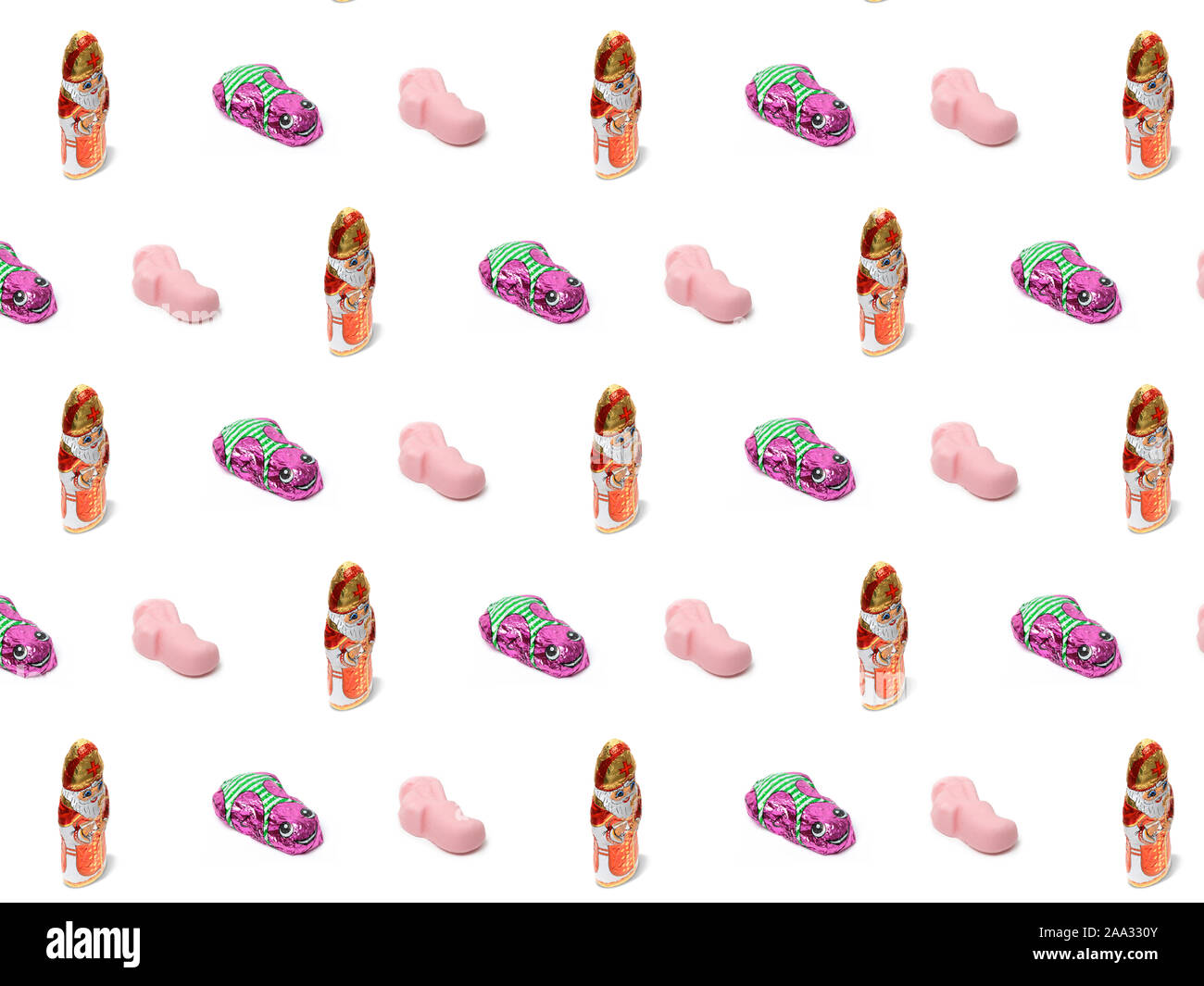 Sinterklaas / Santa Claus pattern , statuine di cioccolato. grafica prospettiva isometrica, pattern su una bianca isolata, sfondo. Piatto. laici allegro, w Foto Stock
