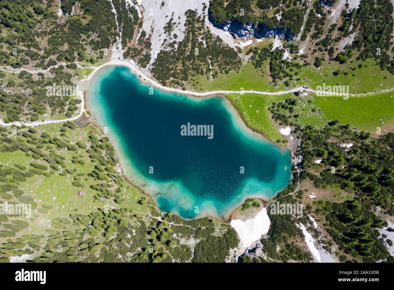 Vista aerea del Seebensee, Ehrwald, Tirolo, Austria Foto Stock