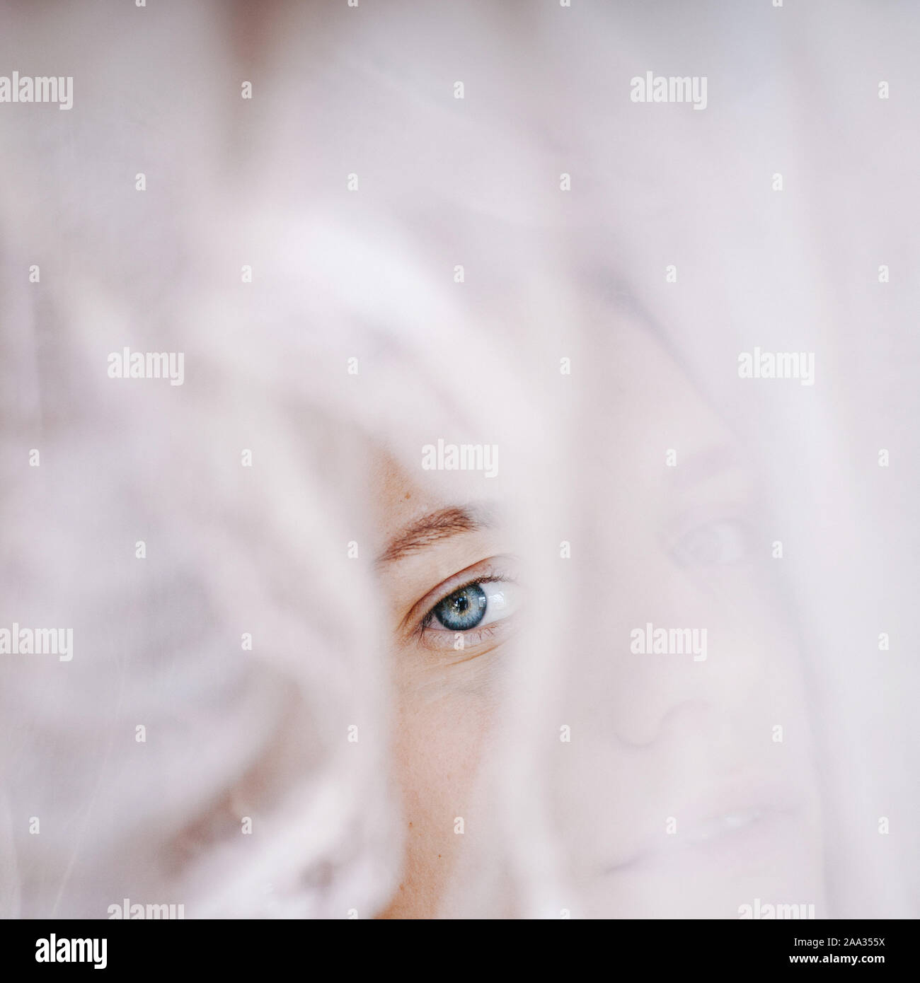 Ritratto di una donna che guarda attraverso un velo di pizzo Foto Stock