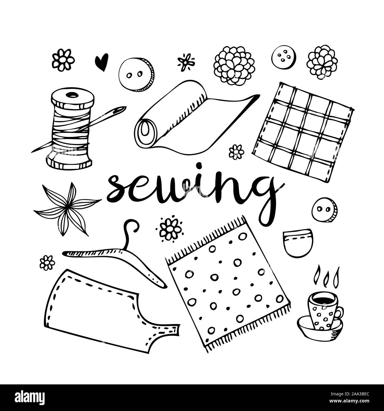 Vettore di cucitura doodle set, tessuto, filato, Rocca, ago, pulsante, pattern e la tazza di tè isolati su sfondo bianco Illustrazione Vettoriale