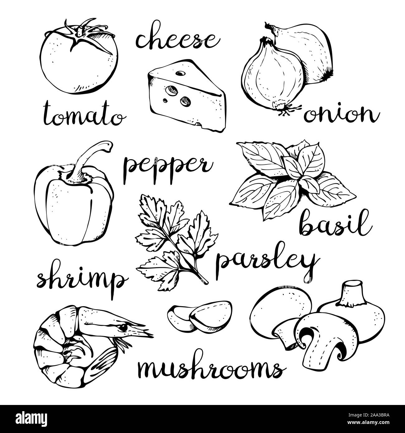 Gli ingredienti della pizza set di vettore, disegnati a mano Collezione isolati su sfondo bianco Illustrazione Vettoriale