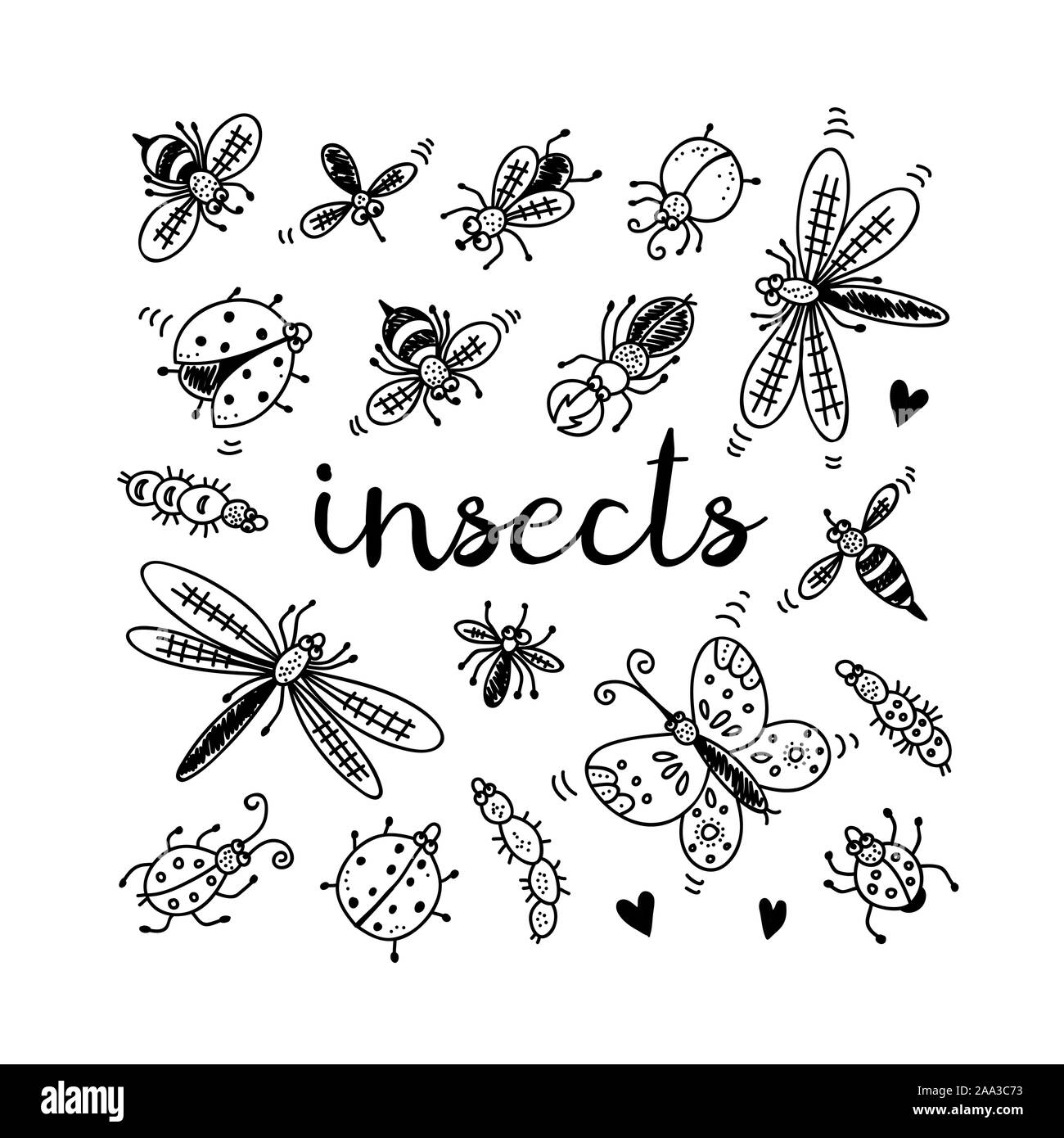 Insetti doodle set, vettore collezione isolati su sfondo bianco Illustrazione Vettoriale