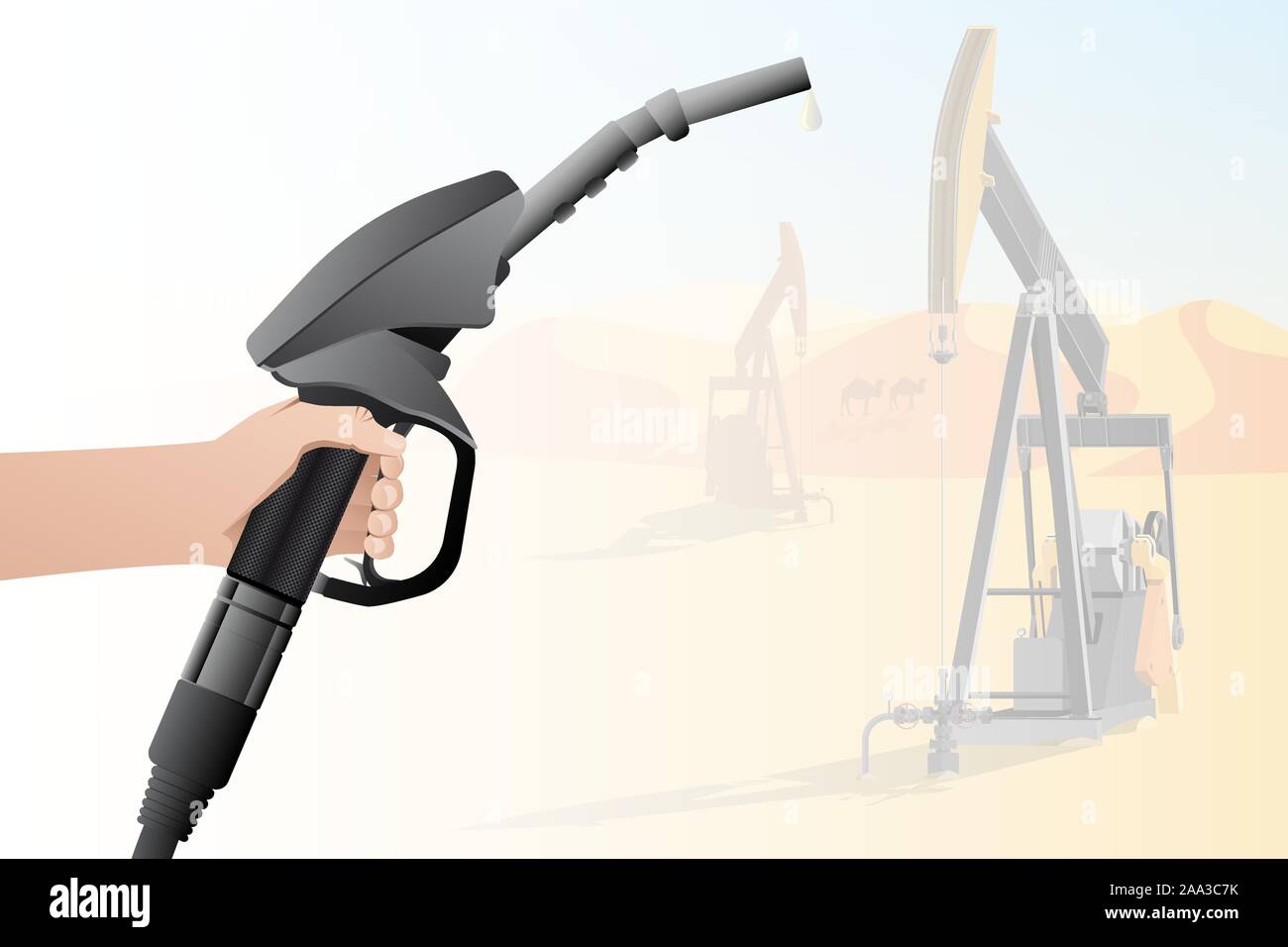 Mano con un ugello carburante sullo sfondo delle piattaforme petrolifere. Il concetto di un futuro negativo con l'inquinamento. Illustrazione Vettoriale Illustrazione Vettoriale