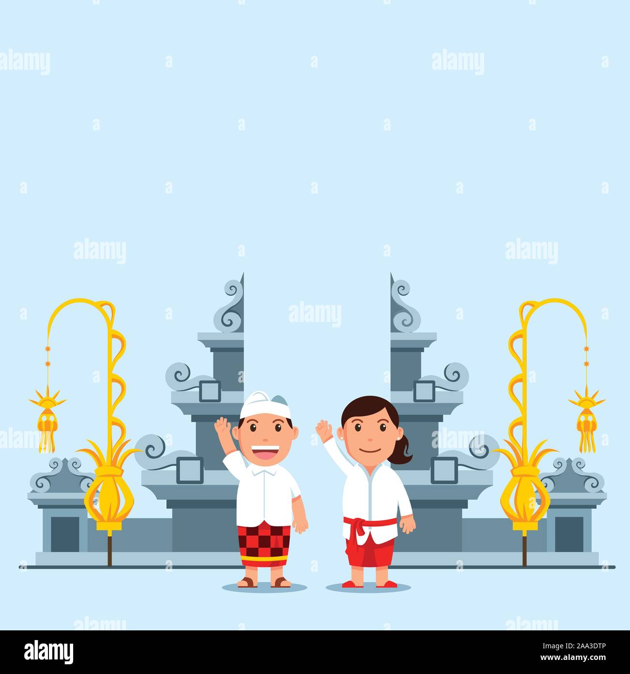 Giovane personaggio di fronte al cancello di Bali tempio indù illustrazione vettoriale. Adatto per l induismo tema. Illustrazione Vettoriale