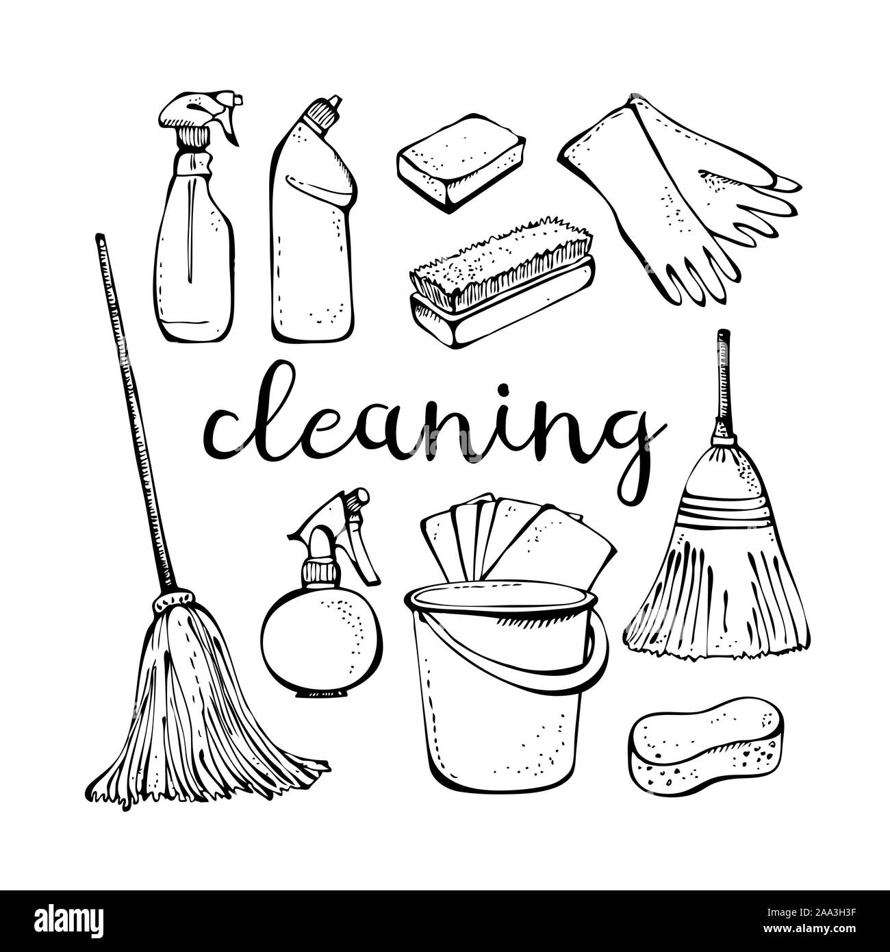 Il servizio di pulizia attrezzi isolati su sfondo bianco, raccolta di lavori domestici Illustrazione Vettoriale