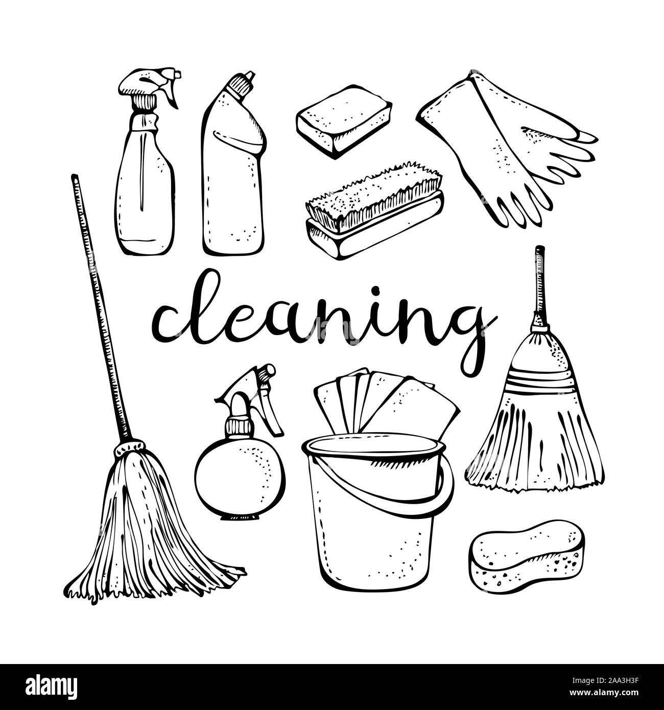 Il servizio di pulizia attrezzi isolati su sfondo bianco, raccolta di lavori domestici Illustrazione Vettoriale