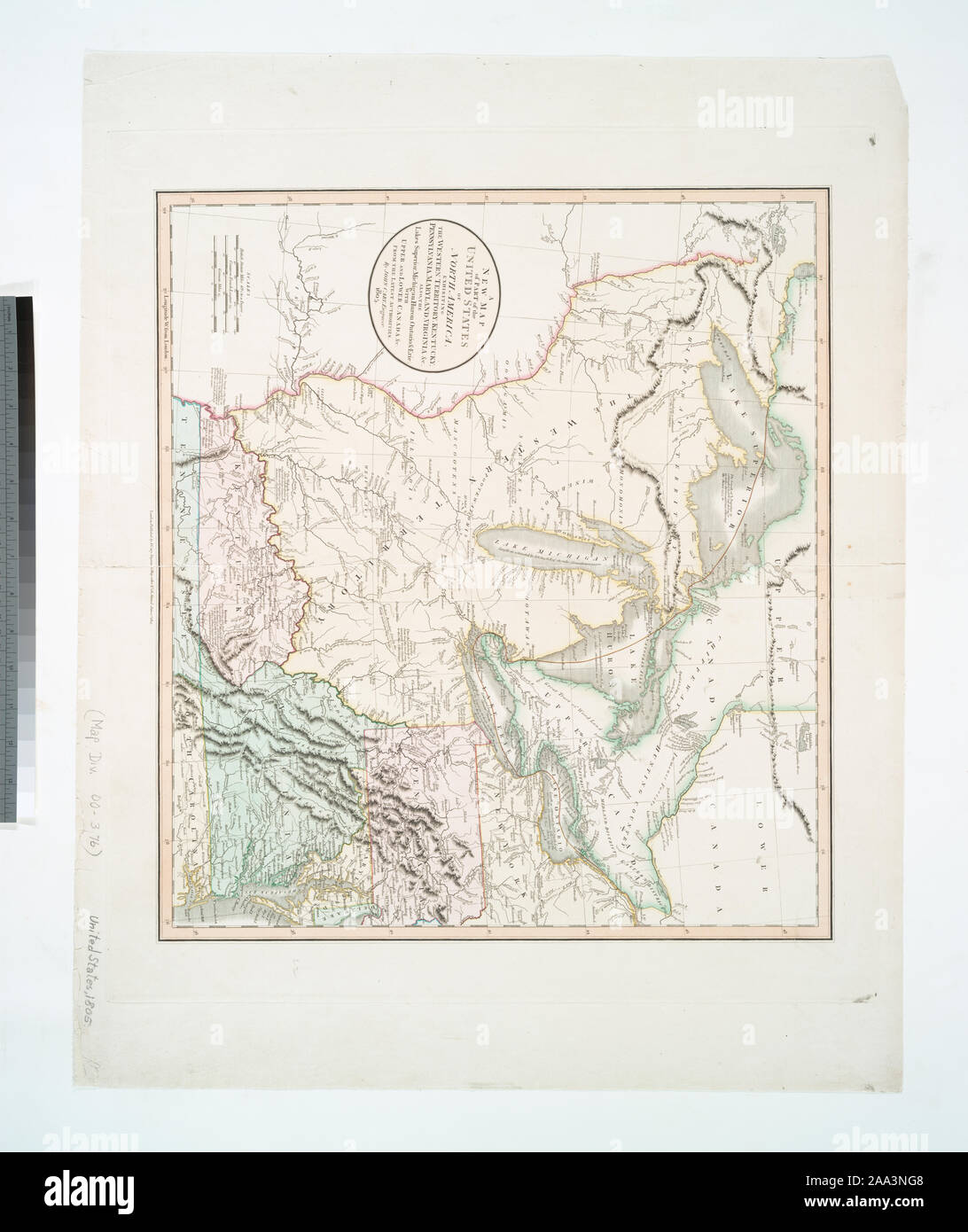 Sollievo mostrato graficamente. Citazione/Riferimento: Lista di controllo delle mappe stampate del Middle West a 1900, 1-0787 Citazione/Riferimento: Phillips. Mappe di America, p. 875 Citazione/Riferimento: Sames, J.W. Indice del Kentucky e Virginia mappe 1562 a 1900, p. 115 appare in Cary è di nuovo atlante universale, 1808. Include le note. Dotazione nazionale per le discipline umanistiche concessione per l'accesso a Mappe precoce del medio Atlantico. Il primo meridiano: Londra.; una nuova mappa di parte degli Stati Uniti di America del nord : presentando il territorio occidentale, Kentucky, Pennsylvania, Maryland, Virginia &c., anche i laghi Superior, Foto Stock