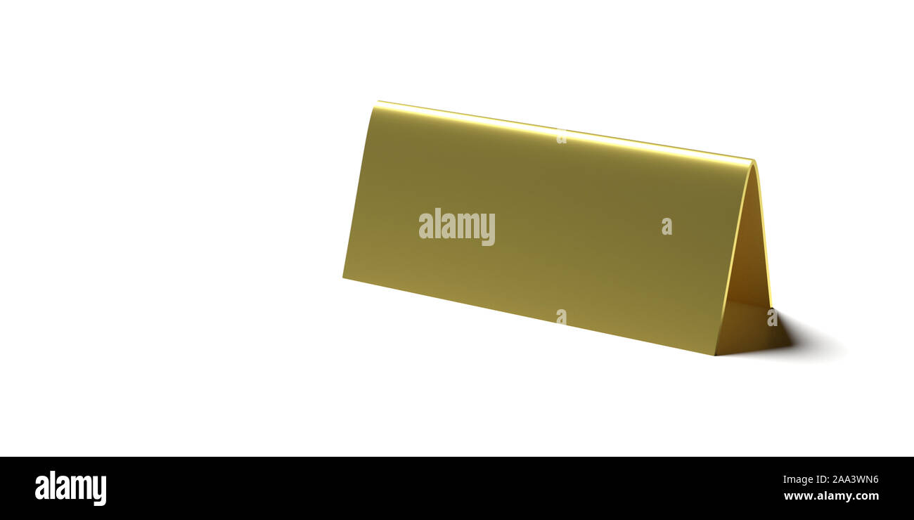 Concetto di prenotazione. Tabella tenda vuota, riservati scheda Modello di segno isolati contro uno sfondo bianco. Alluminio Metallo di colore oro, copia dello spazio. 3d illust Foto Stock