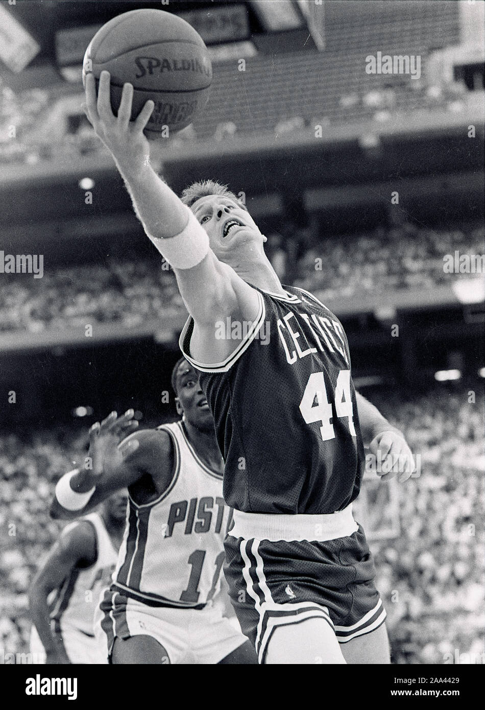 Boston Celtics Danny Ainge afferra il rimbalzo nel 1988 playoff gioco d'azione contro i pistoni di Detroit Detroit Michigan USA Maggio 1988 foto di Bill Belknap Foto Stock