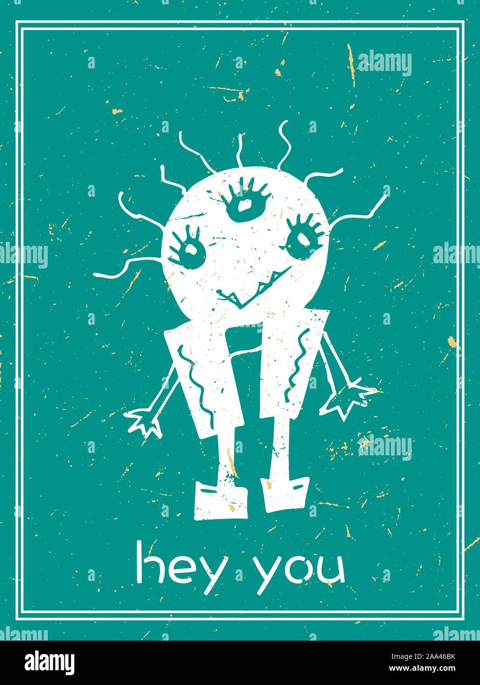 Mostri divertenti cartolina illustrazione vettoriale. Carino disegnato a mano le carte doodle, cartoline, poster con creature del fumetto per bambini, baby shower, compleanno Illustrazione Vettoriale