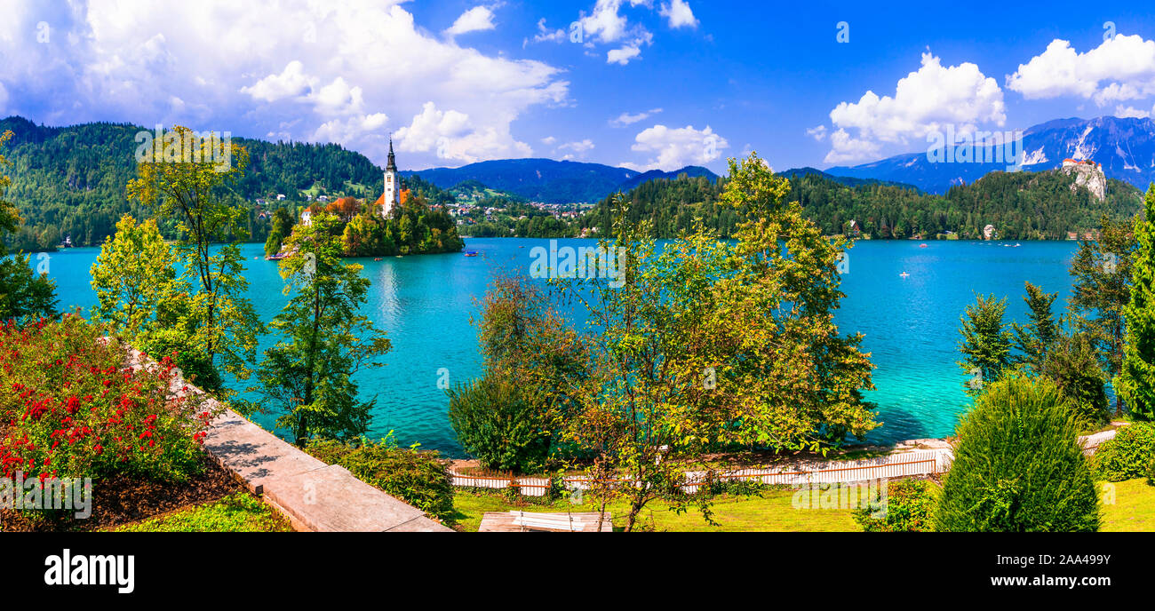 I punti di riferimento di Slovenia,bellissimo lago di Bled,vista panoramica. Foto Stock