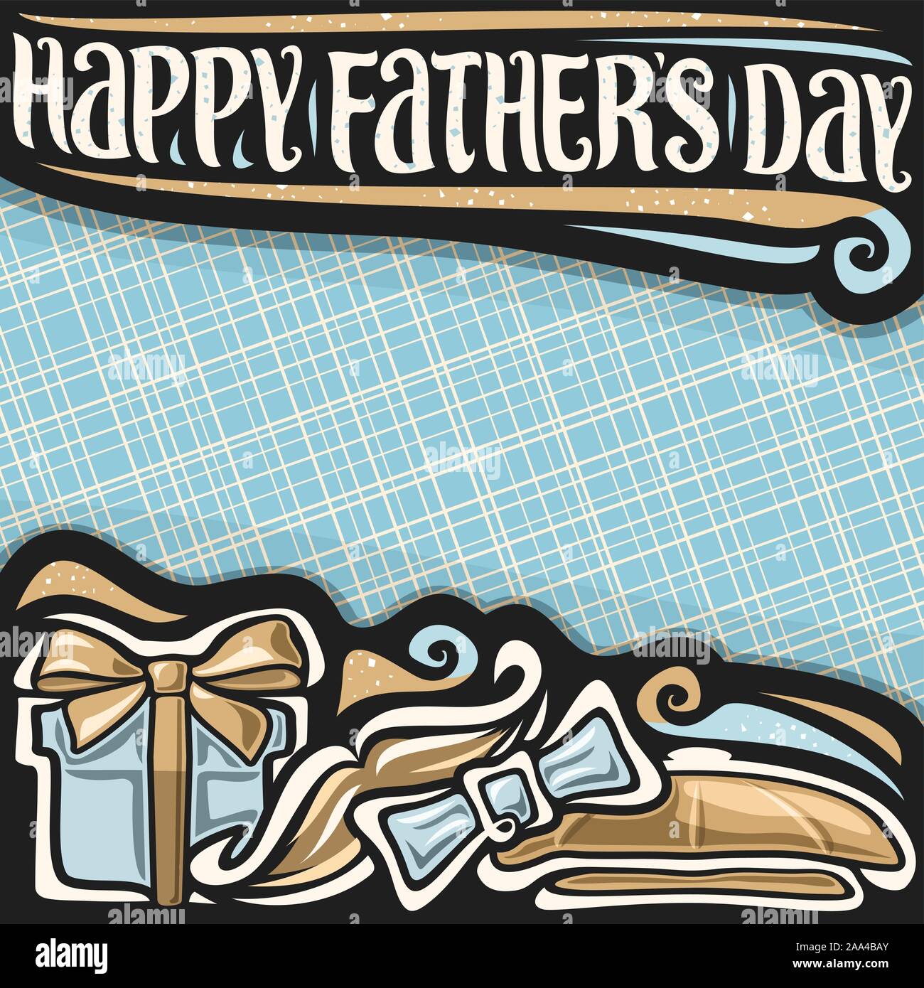 Poster del vettore per la Festa del Papà, la cornice decorativa con lettering per headline, astratto modello blu per auguri, illustrazione del mucchio mens accessori Illustrazione Vettoriale