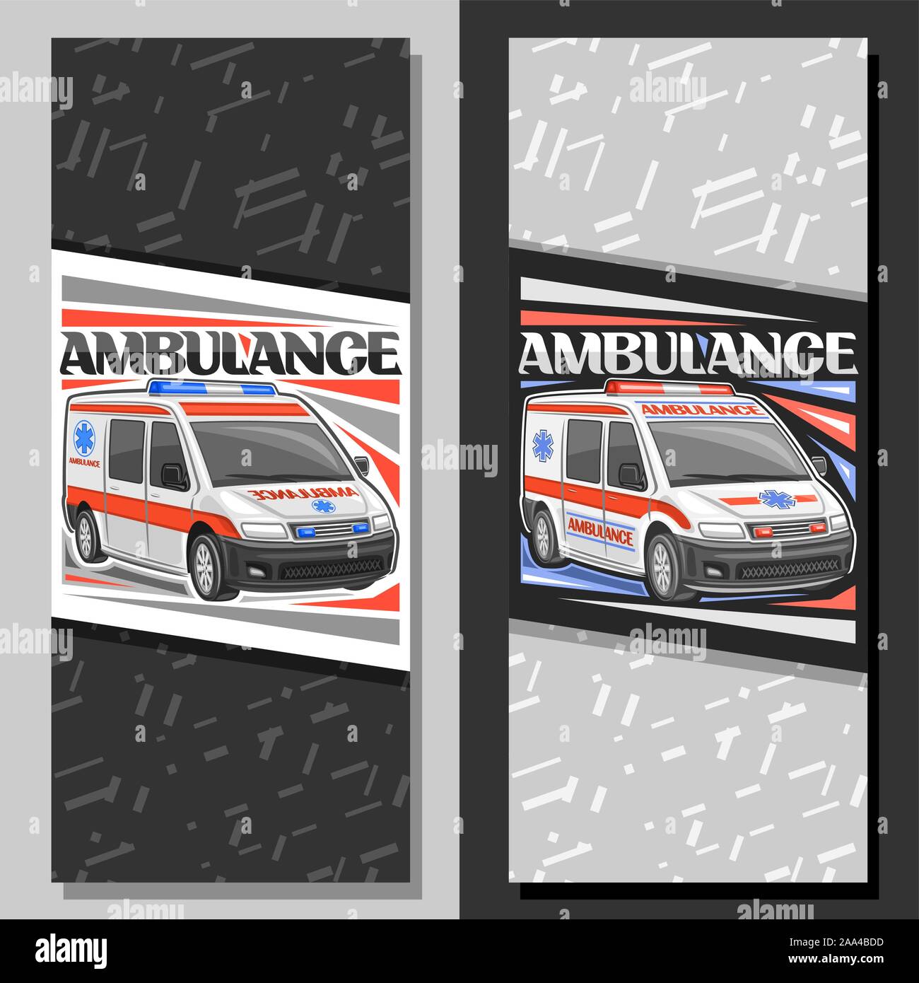 Formati vettoriali per ambulanza, cartelli con furgone bianco per i casi di emergenza con il blu e il rosso lampeggiatori di allarme, carattere tipografico originale per parola ambulanza, segno boa Illustrazione Vettoriale