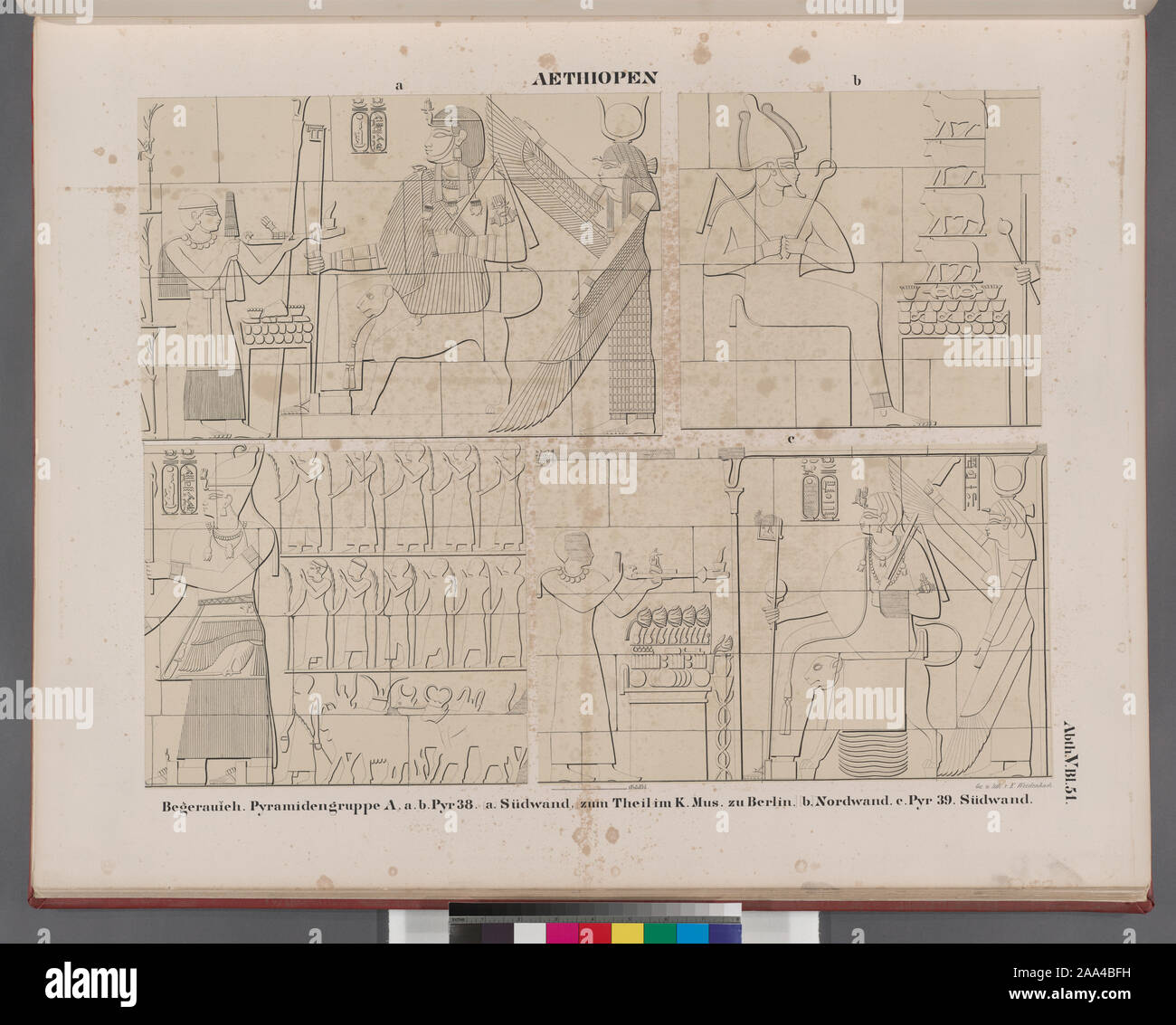 Aethiopen. [Begerauîeh Begrawiya]. Un Pyramidengruppe: A.B. Pyr. 38. [A] Südwand, [ zum Theil im K. Museum zu Berlin.], [b] Nordwand; c. Pyr. 39. Südwand.; Aethiopen. [Begerauîeh Begrawiya]. Un Pyramidengruppe: A.B. Pyr. 38. [A] Südwand, [ zum Theil im K. Museum zu Berlin.], [b] Nordwand; c. Pyr. 39. Südwand. Foto Stock