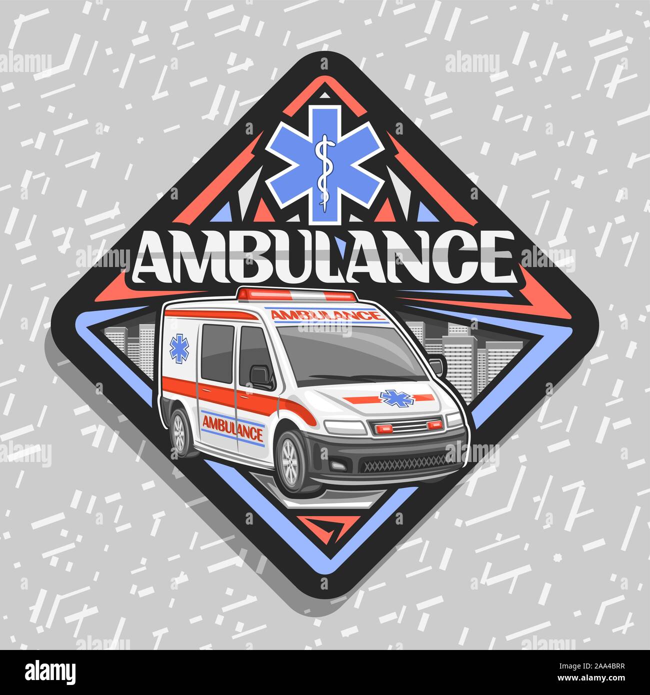 Vector cartello stradale per ambulanza, nero etichetta decorativo con furgone bianco per emergenza con allarme rosso lampeggiatori, carattere tipografico originale per parola ambulanza, sig Illustrazione Vettoriale