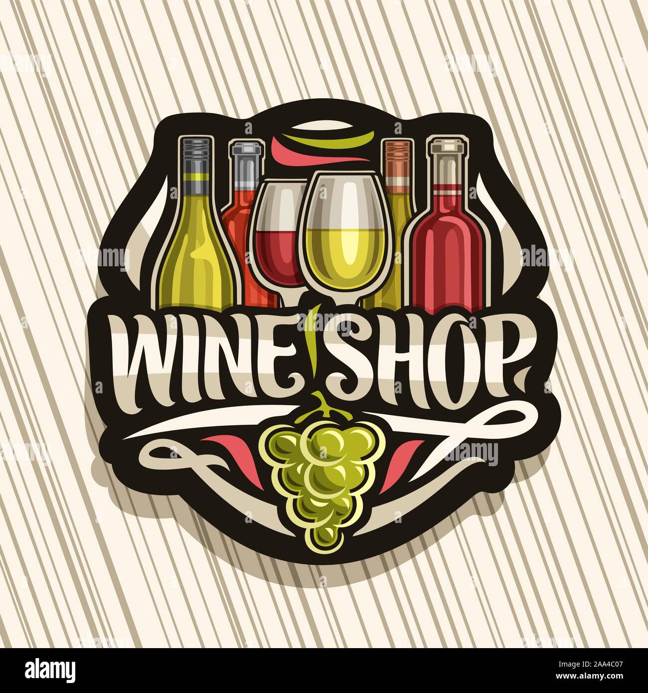 Il logo del vettore per il negozio del vino, cartello nero con illustrazione del set italiano le bottiglie di vino e mezza piena wineglasses, decorativi fiorisce e letterin Illustrazione Vettoriale