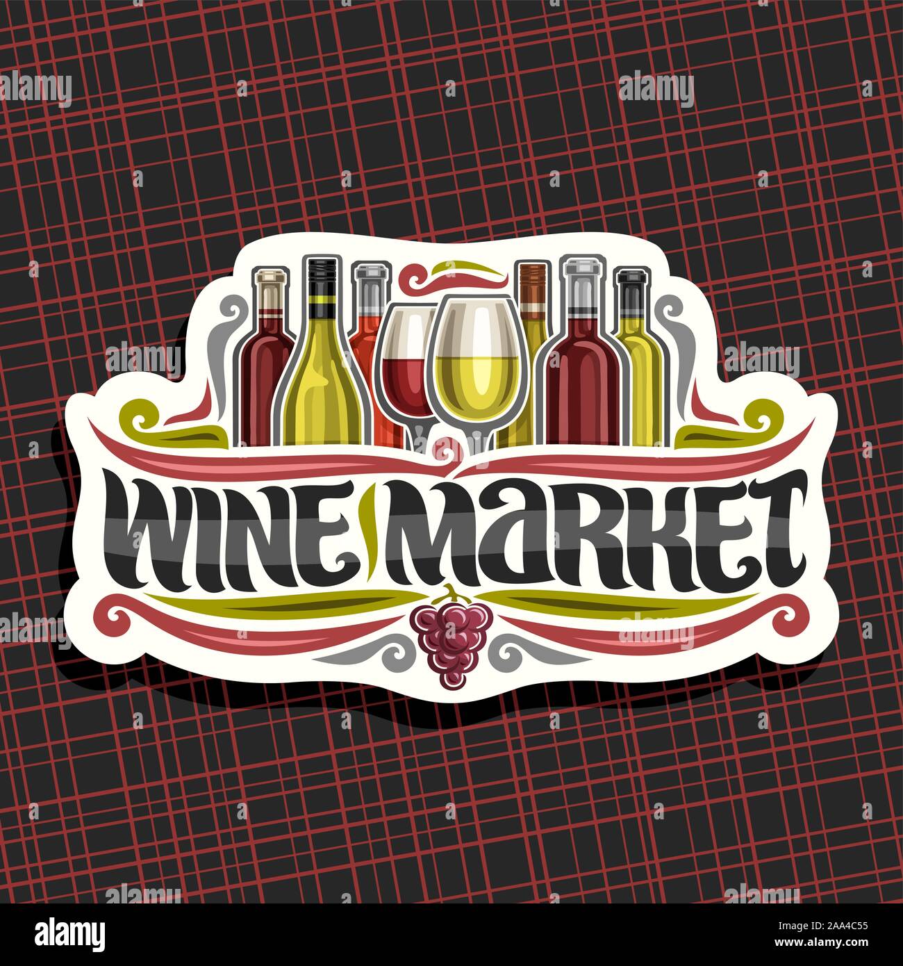 Il logo del vettore per il mercato del vino, il taglio della carta etichetta con la serie di fumetti francesi di bottiglie di vino e mezza piena wineglasses, decorativi fiorisce e lettering fo Illustrazione Vettoriale