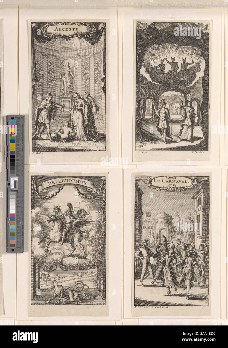 Una scena da Campra opera Alcine, premiered al Paris Opéra, 15 gennaio 1705. Una caverna o labirinto. Un paio di primo piano centro; tre esseri infernali seduto sopra di loro su una nuvola di Fiery.; Alcine Foto Stock