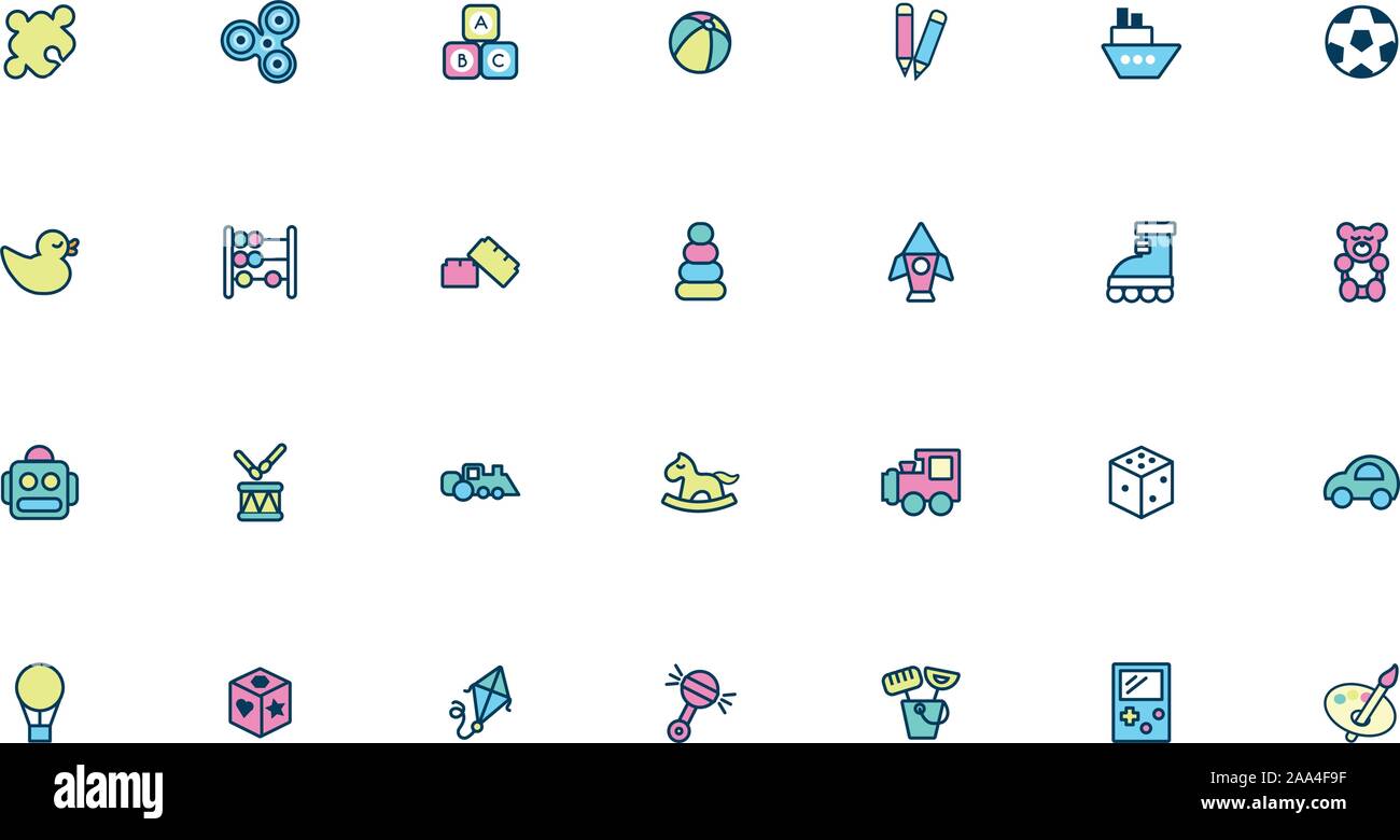 Bundle di giocattoli per bambini set di icone di stile di riempimento Illustrazione Vettoriale