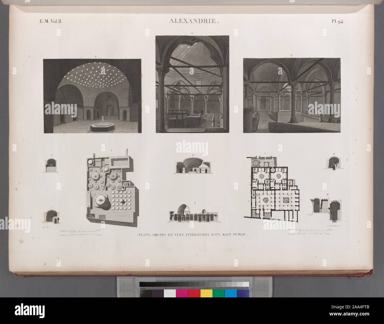 Alexandrie [Alessandria]. Piani, coupes et vues intérieures d'onu bain pubblico.; Alexandrie [Alessandria]. Piani, coupes et vues intérieures d'onu bain pubblico. Foto Stock