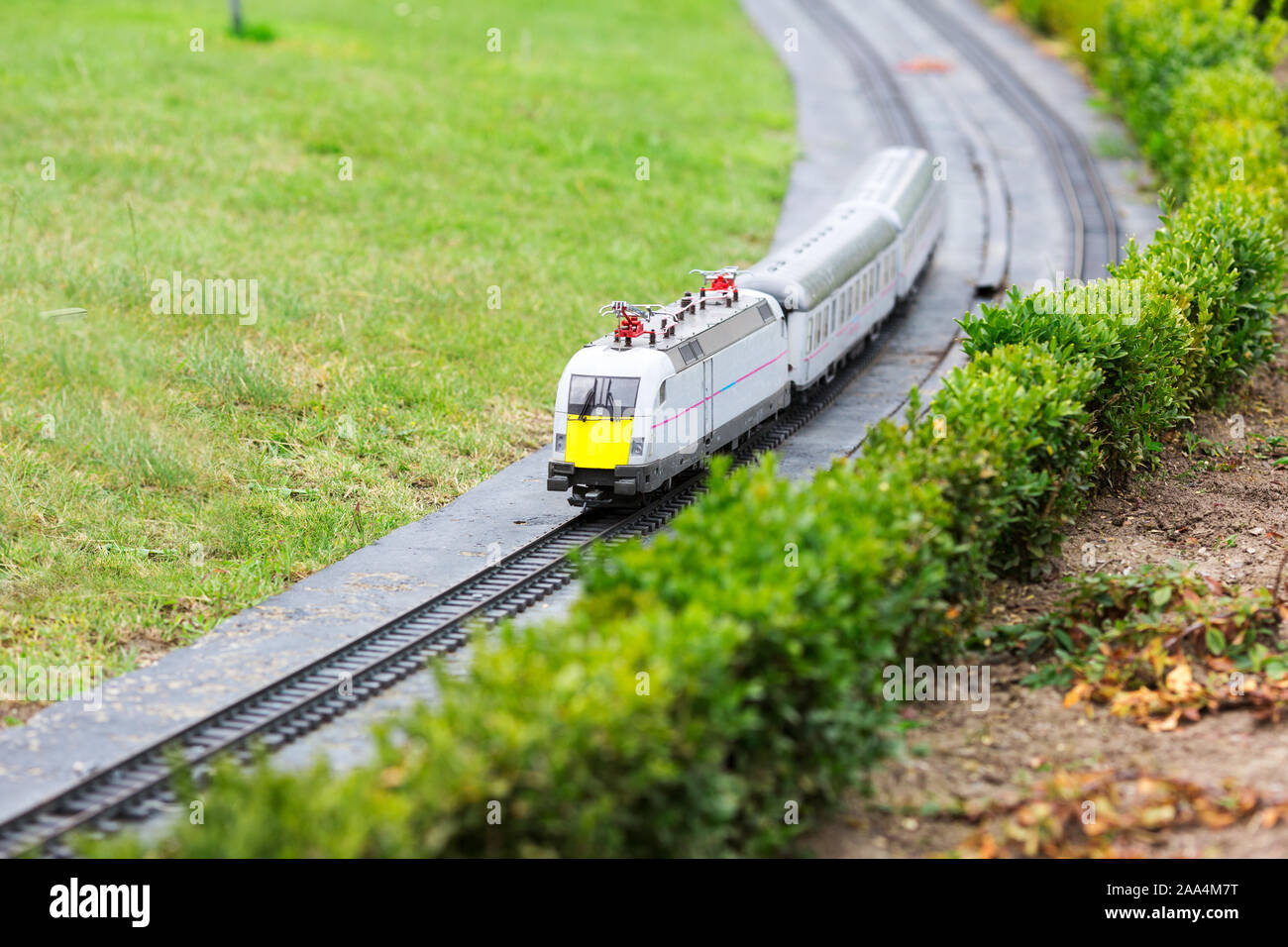 Il treno parte dalla stazione ferroviaria, scena in miniatura Foto Stock