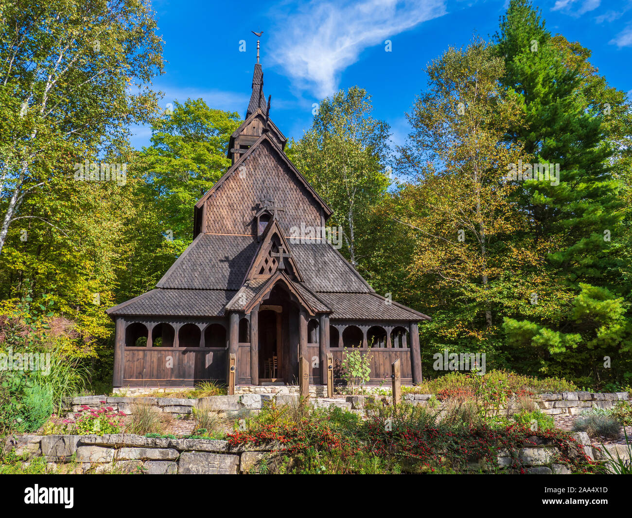 Esterno, Trinità Stavkirke Luterana Chiesa, Washington Isola, Door County, Wisconsin. Foto Stock