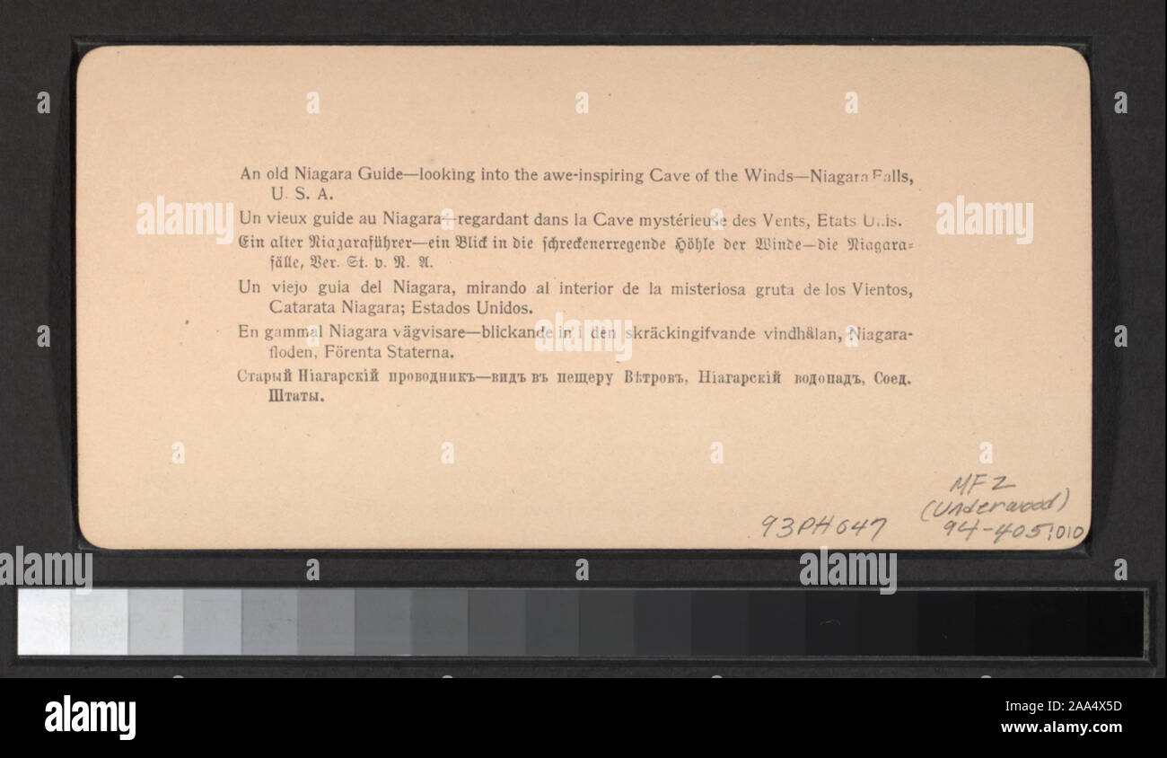 Dono della sig.ra George R. Collins, 1993. Titolo dal libretto di accompagnamento. Opuscolo contiene mappe. Le viste sono numerati: 1-18. Viste di American, Luna e Cascate Horseshoe, la Domestica della Foschia, ponti, turisti e guide e Dixon incrocio su un funambolico.; una vecchia guida Niagara, esaminando la awe-inspiring la Caverna dei Venti, Niagara Falls, U.S.A. Foto Stock