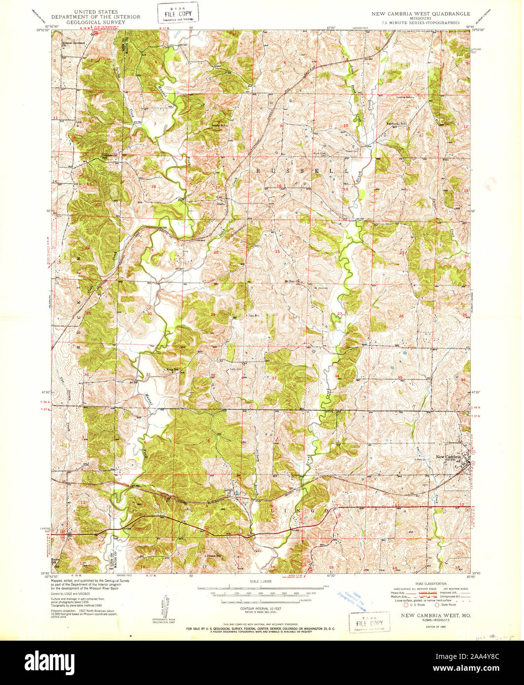 USGS TOPO Map Missouri MO Nuova Cambria West 323629 1950 24000 Restauro Foto Stock