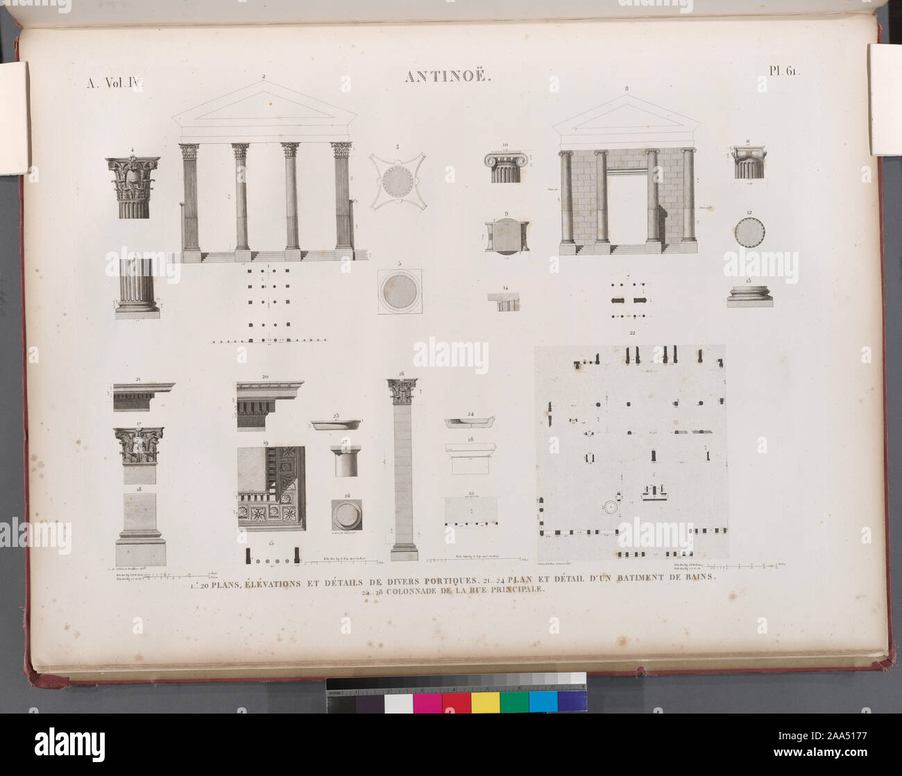 [Antinoë Antinoöpolis]. 1-20. Piani, élévations et détails de divers portiques; 21-24. Piano détail et d'onu bâtiment de bains; 25-28. Colonnato de la rue principale.; Antinoë [Antinoöpolis]. 1-20. Piani, élévations et détails de divers portiques; 21-24. Piano détail et d'onu bâtiment de bains; 25-28. Colonnato de la rue principale. Foto Stock