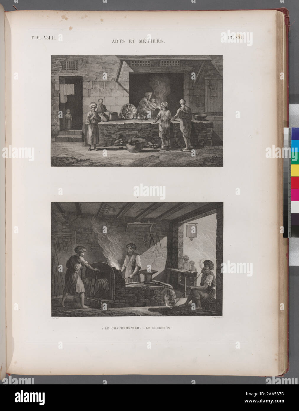 Arts et Metiers. 1. Le chaudronnier; 2. Le forgeron.; Arts et Metiers. 1. Le chaudronnier; 2. Le forgeron. Foto Stock