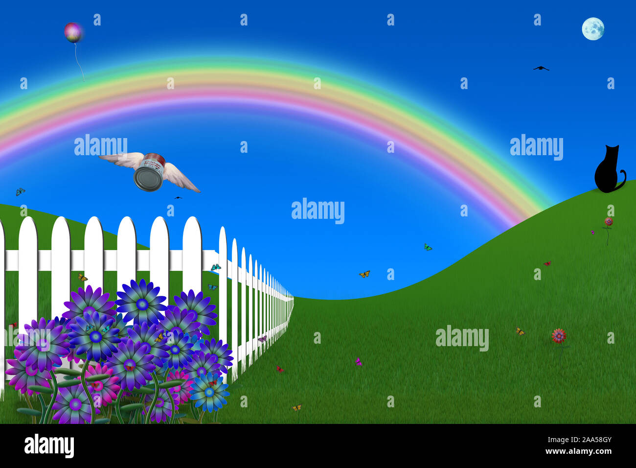 Composizione surreale. Assurda con cortile recinto bianco, alato possono di zuppa, gatto nero Foto Stock