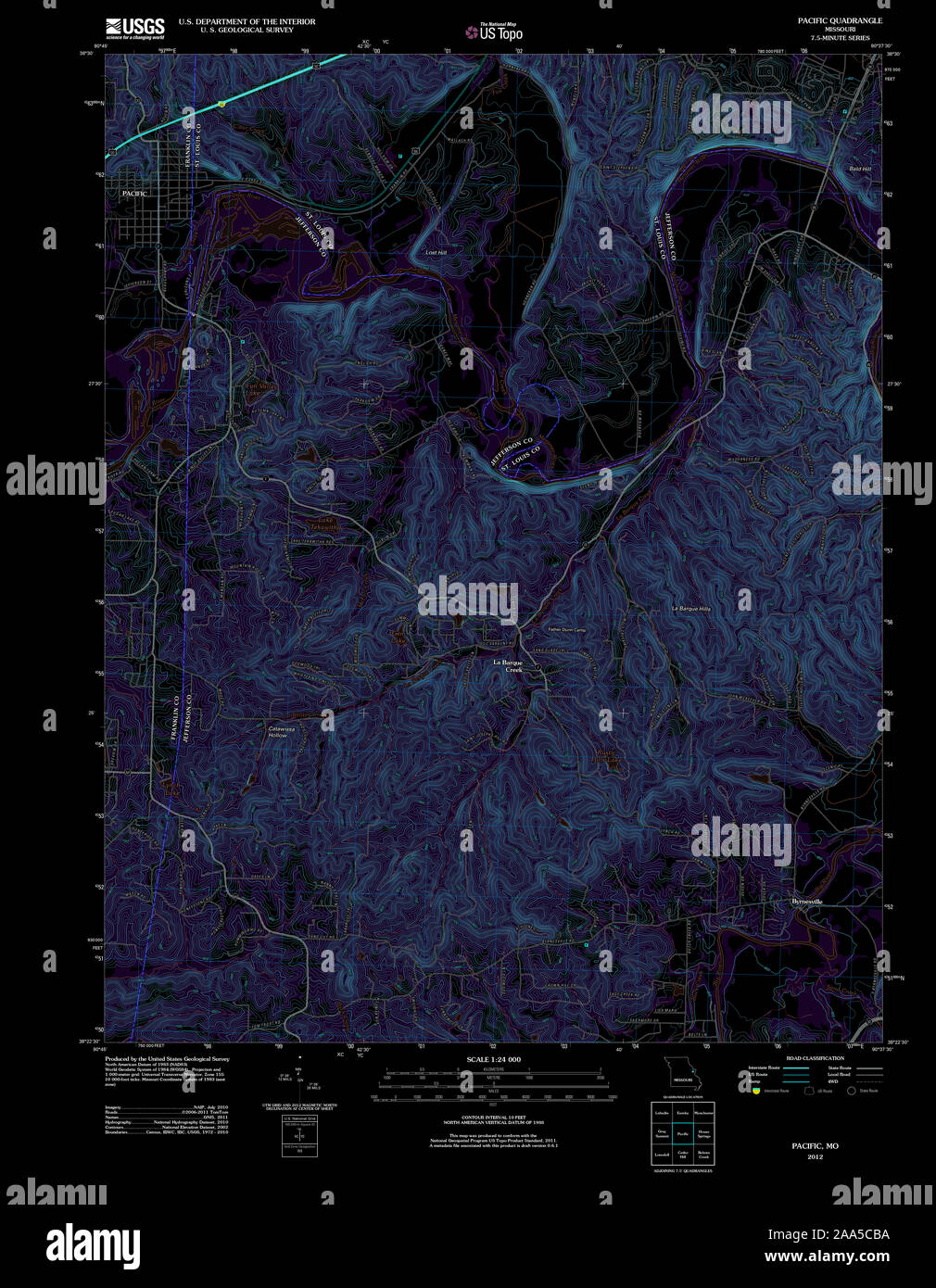 USGS TOPO Map Missouri MO Pacific 20120106 TM restauro invertito Foto Stock