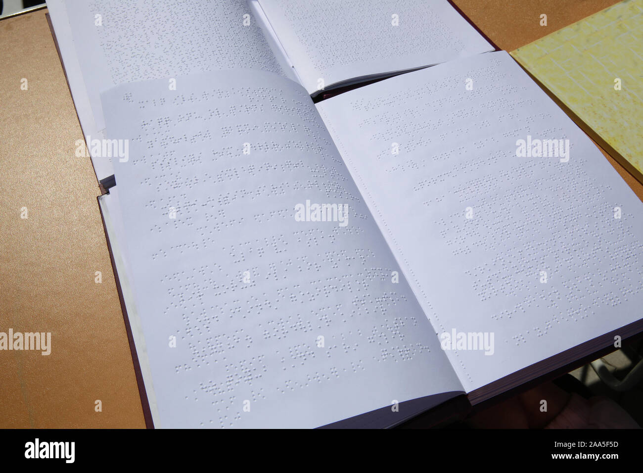 Vista ravvicinata del libro con testo braille isolati su grigio . Pagina del libro con testo Braille, primo piano. Educazione per persone non vedenti . Foto Stock